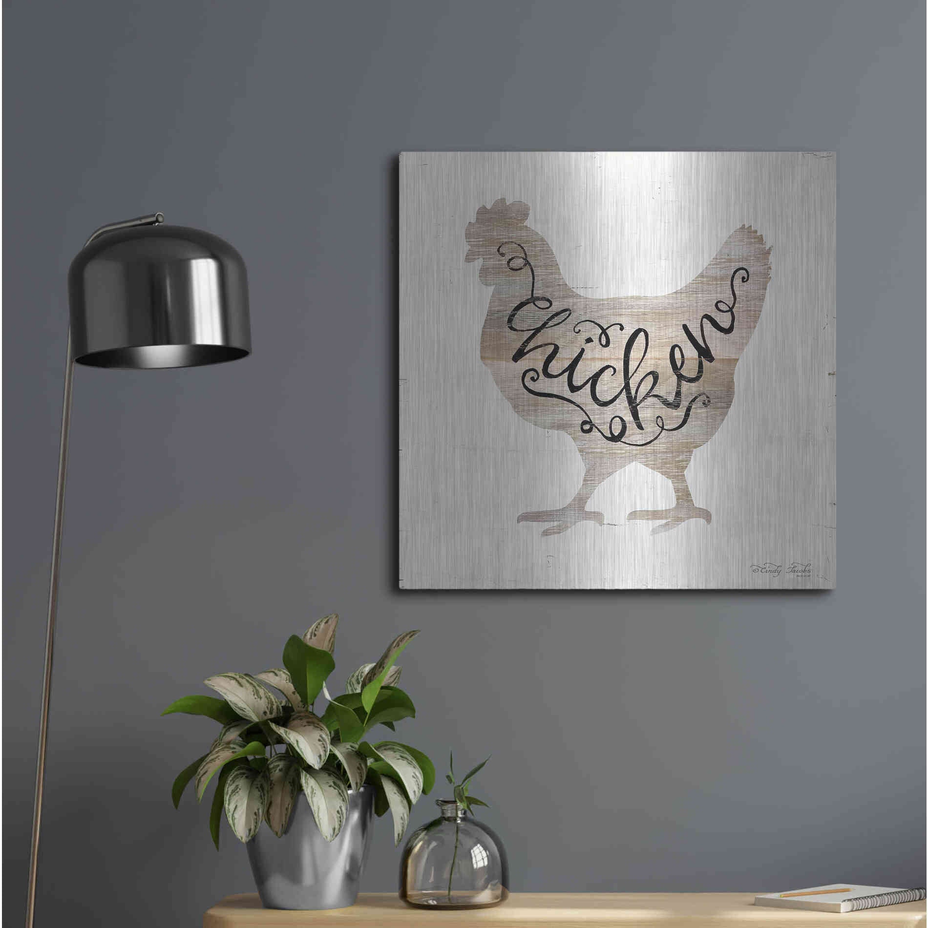 Luxe Metal Art 'Chicken in Beige' by Cindy Jacobs, Metal Wall Art,24x24