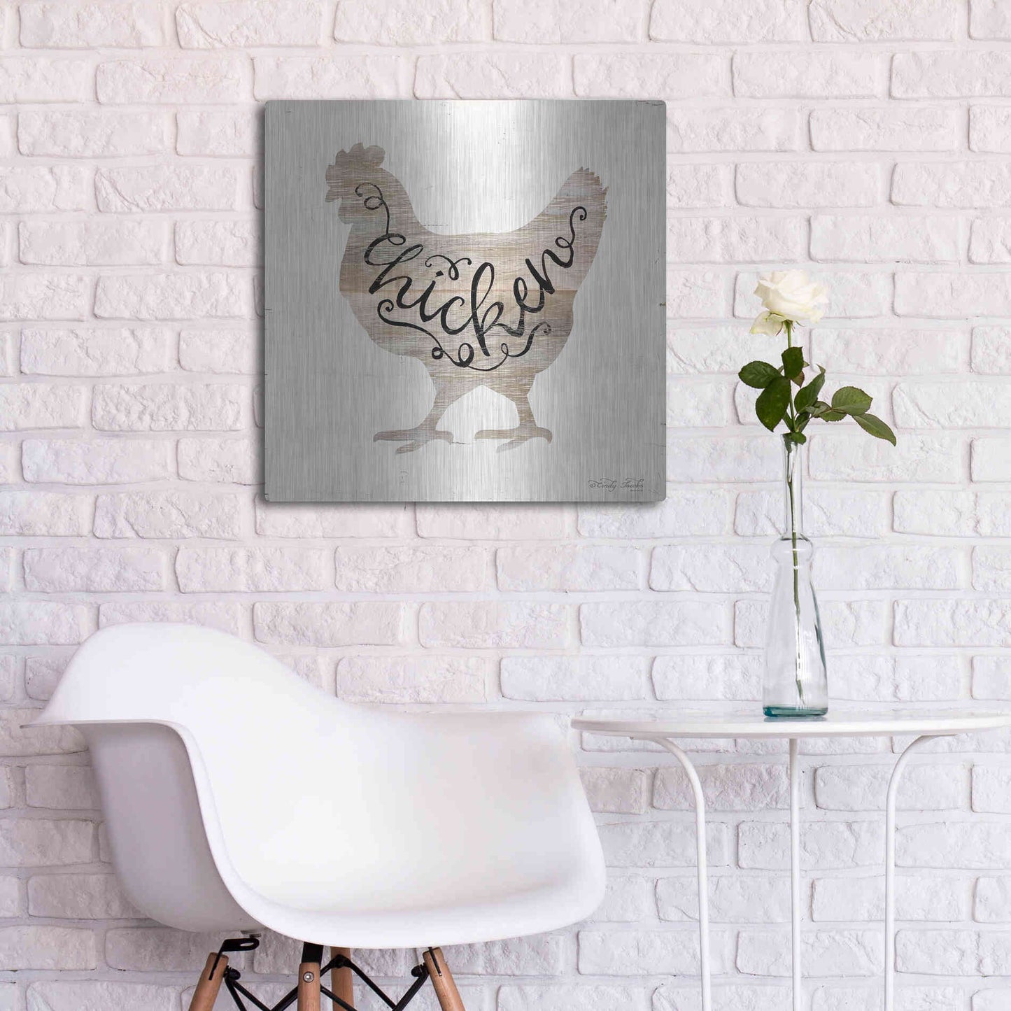 Luxe Metal Art 'Chicken in Beige' by Cindy Jacobs, Metal Wall Art,24x24