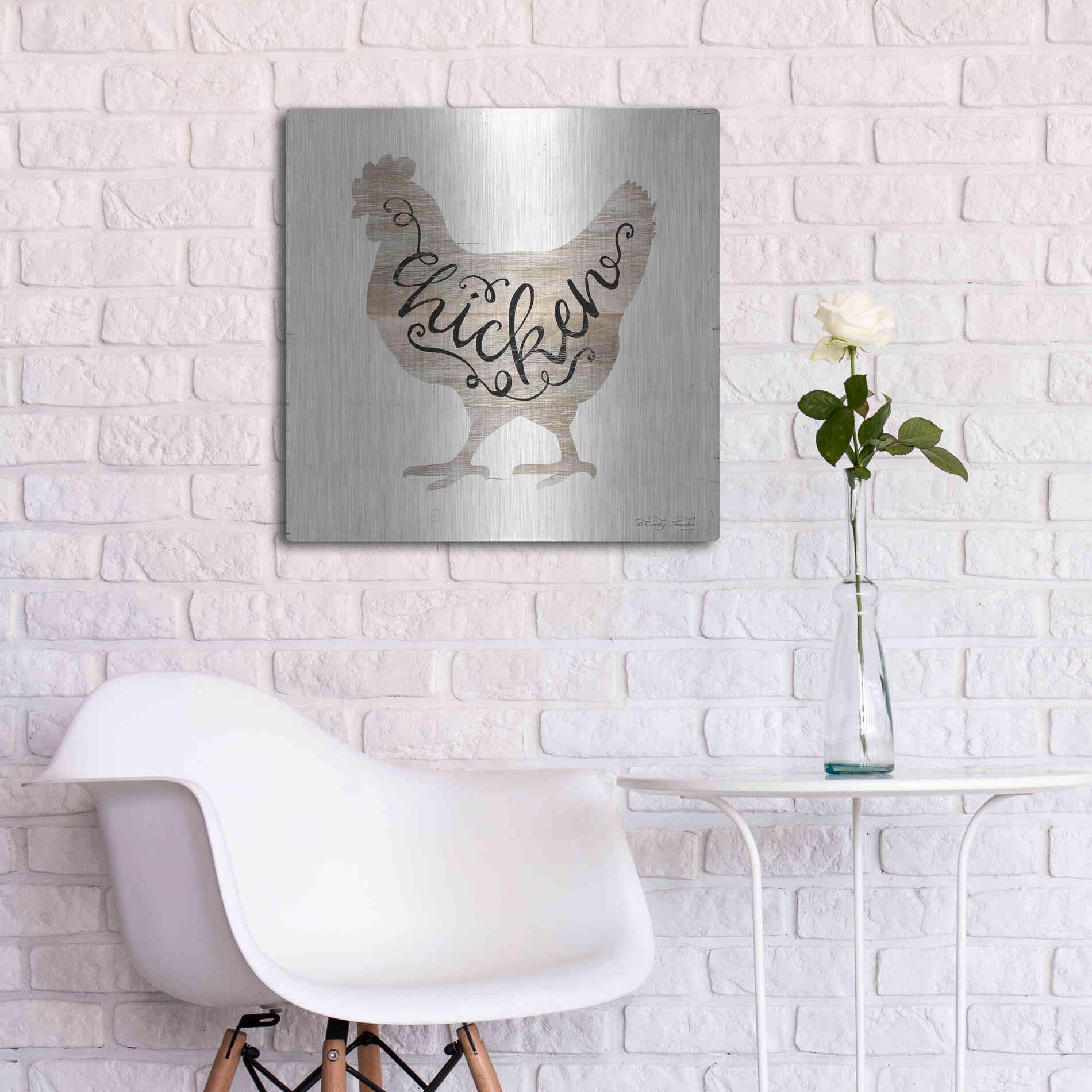 Luxe Metal Art 'Chicken in Beige' by Cindy Jacobs, Metal Wall Art,24x24