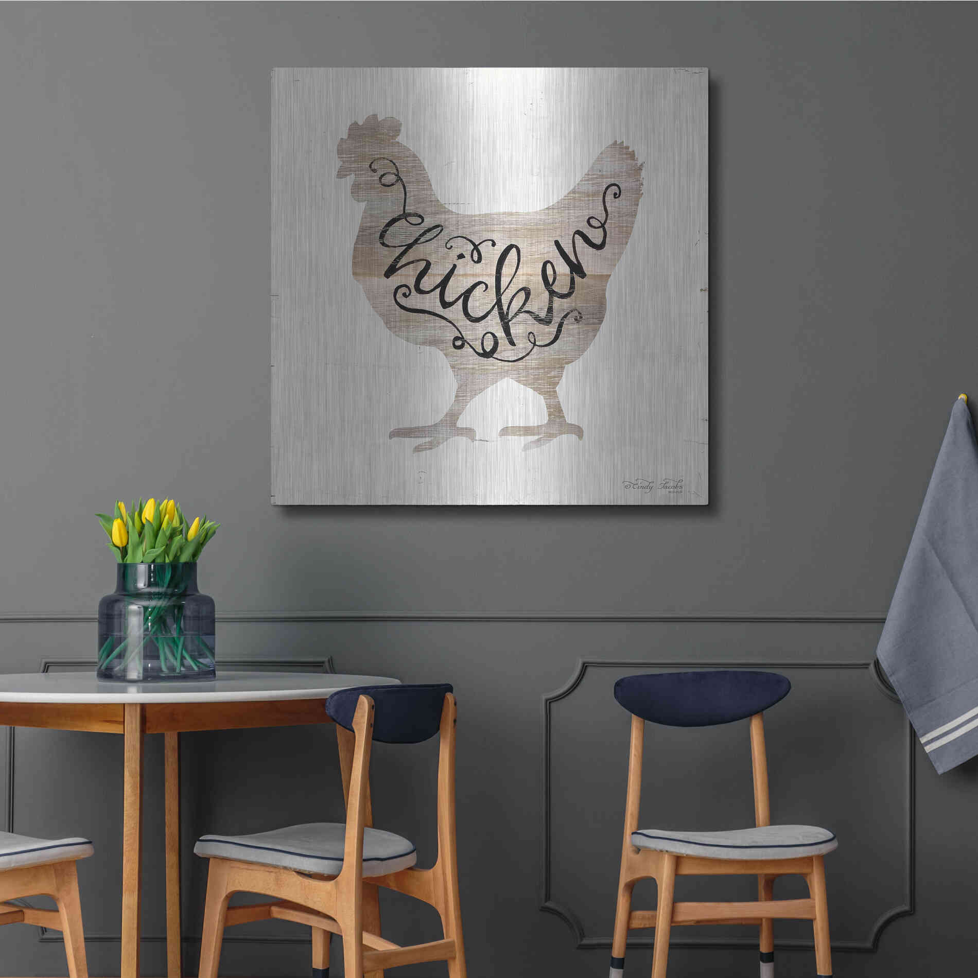 Luxe Metal Art 'Chicken in Beige' by Cindy Jacobs, Metal Wall Art,36x36