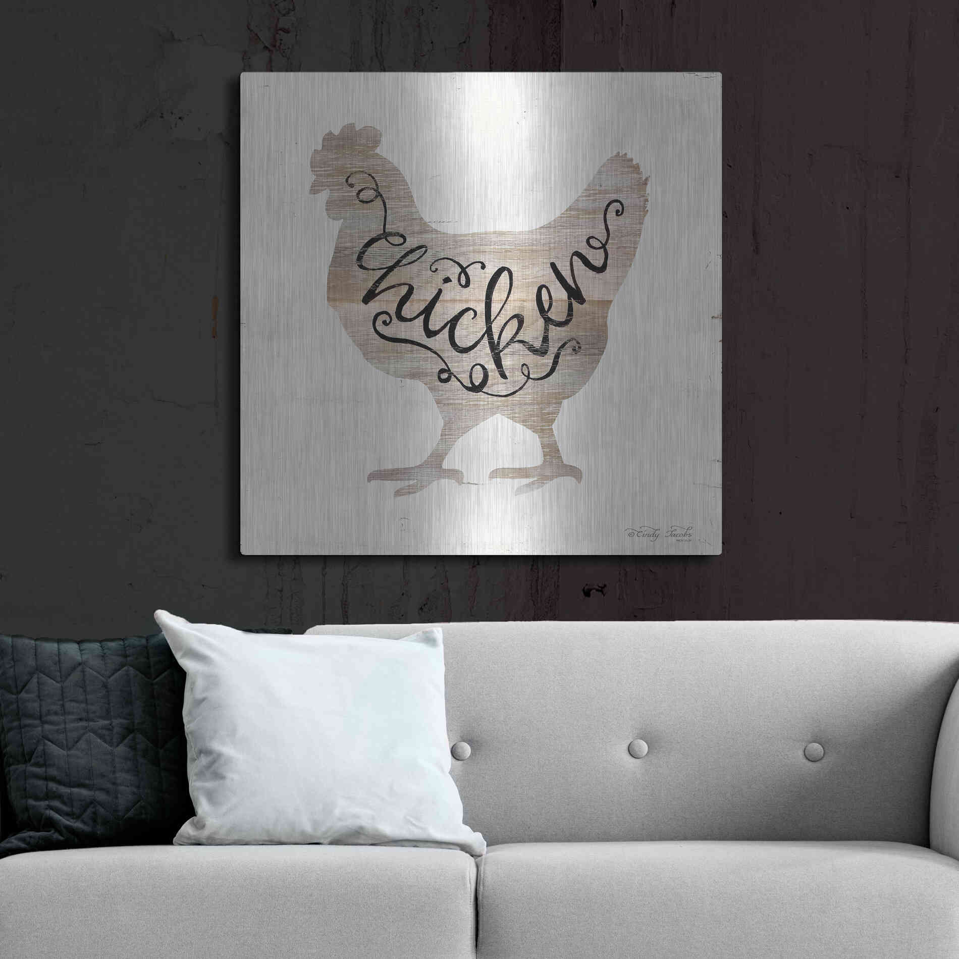 Luxe Metal Art 'Chicken in Beige' by Cindy Jacobs, Metal Wall Art,36x36