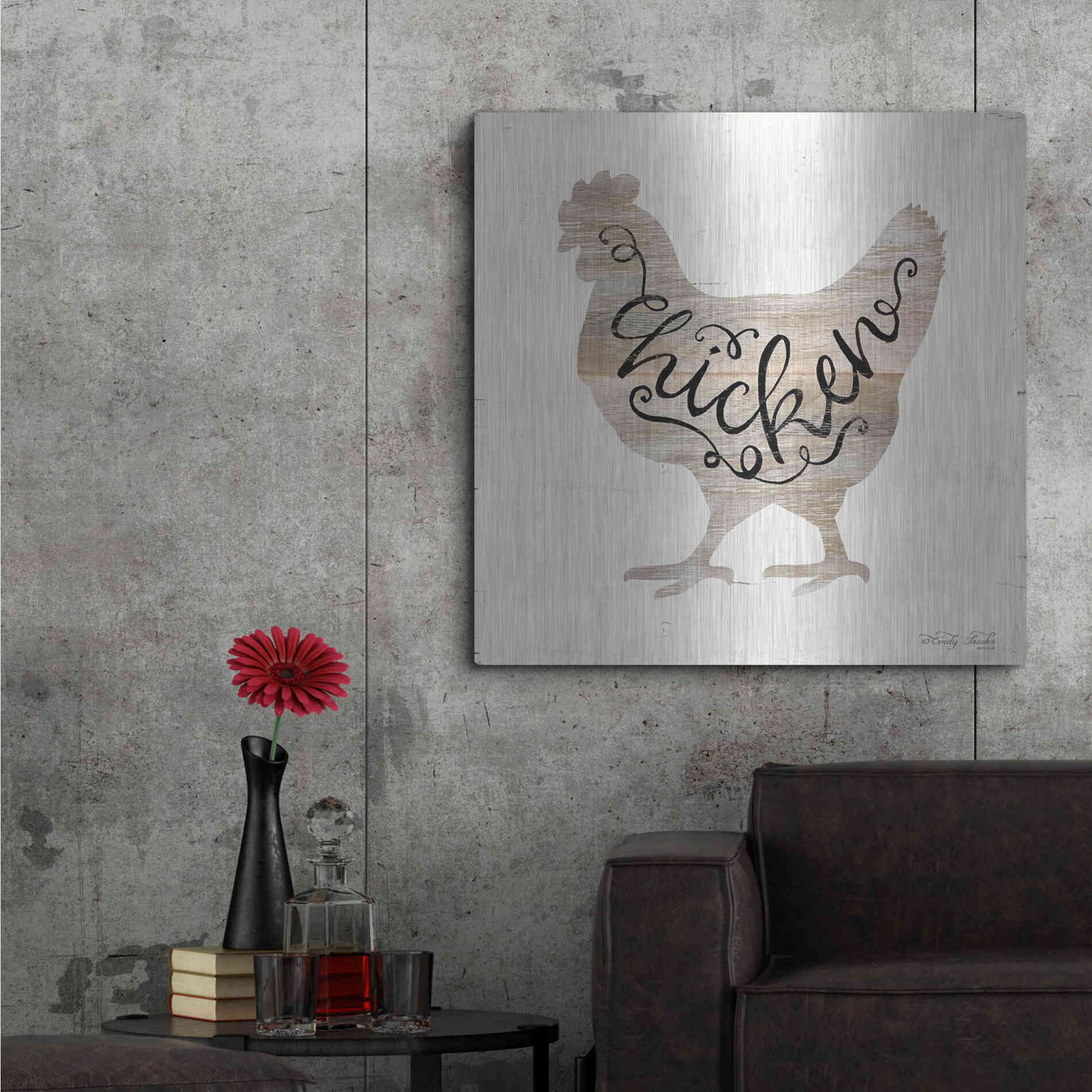 Luxe Metal Art 'Chicken in Beige' by Cindy Jacobs, Metal Wall Art,36x36