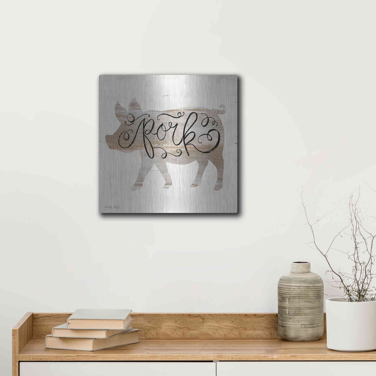 Luxe Metal Art 'Pork in Beige' by Cindy Jacobs, Metal Wall Art,12x12