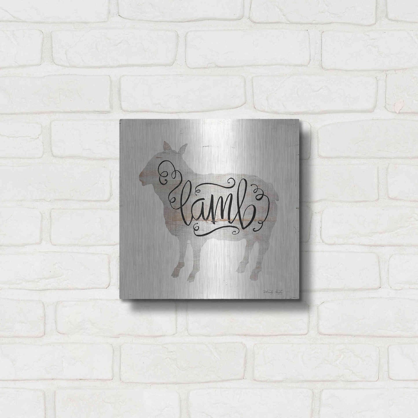 Luxe Metal Art 'Lamb in Beige' by Cindy Jacobs, Metal Wall Art,12x12