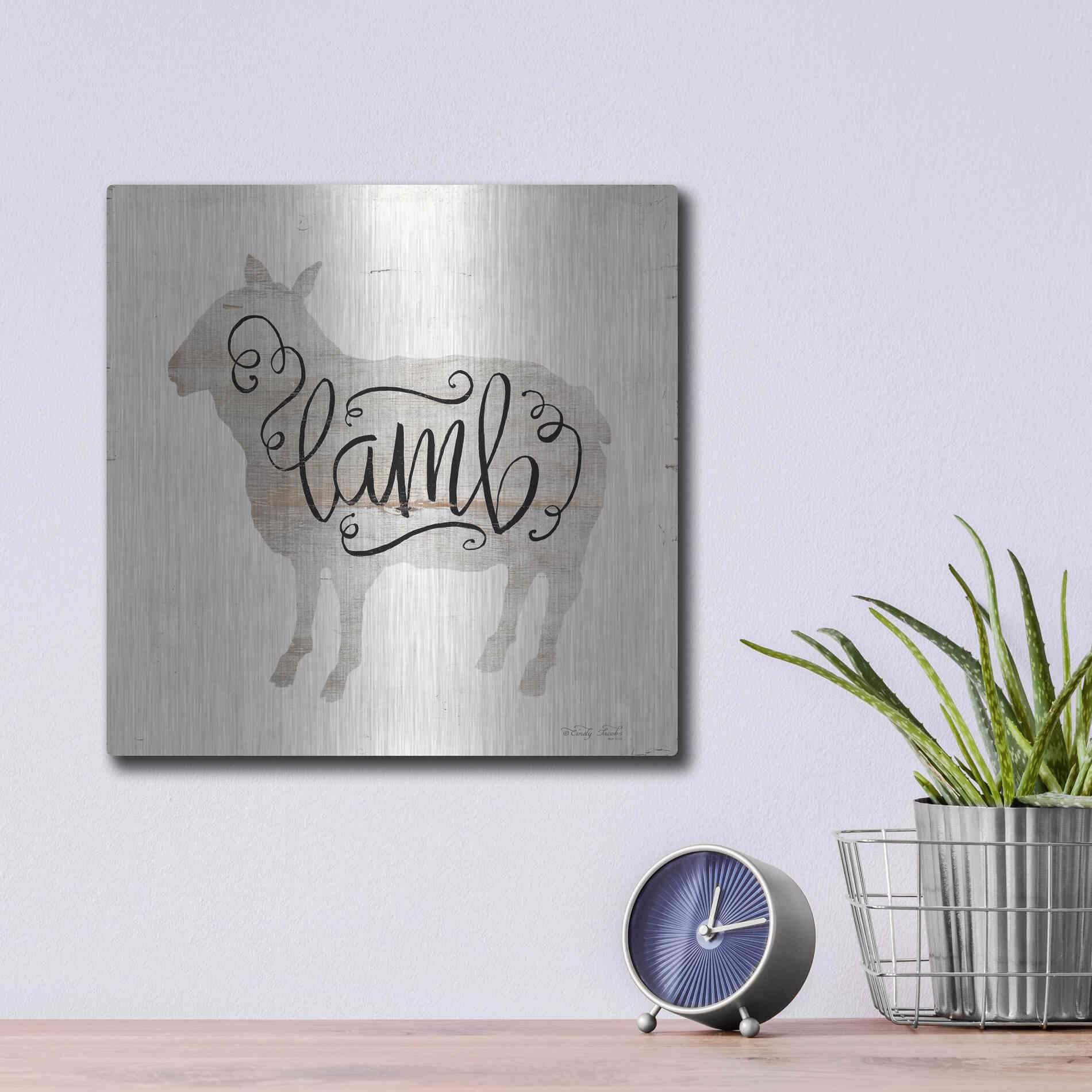 Luxe Metal Art 'Lamb in Beige' by Cindy Jacobs, Metal Wall Art,12x12