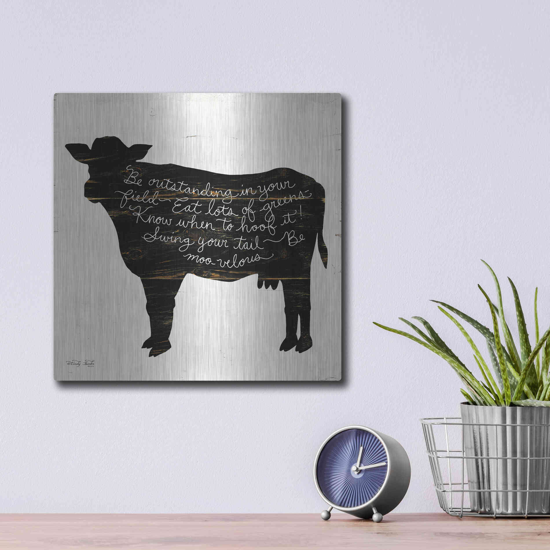 Luxe Metal Art 'Cow - Be Outstanding' by Cindy Jacobs, Metal Wall Art,12x12