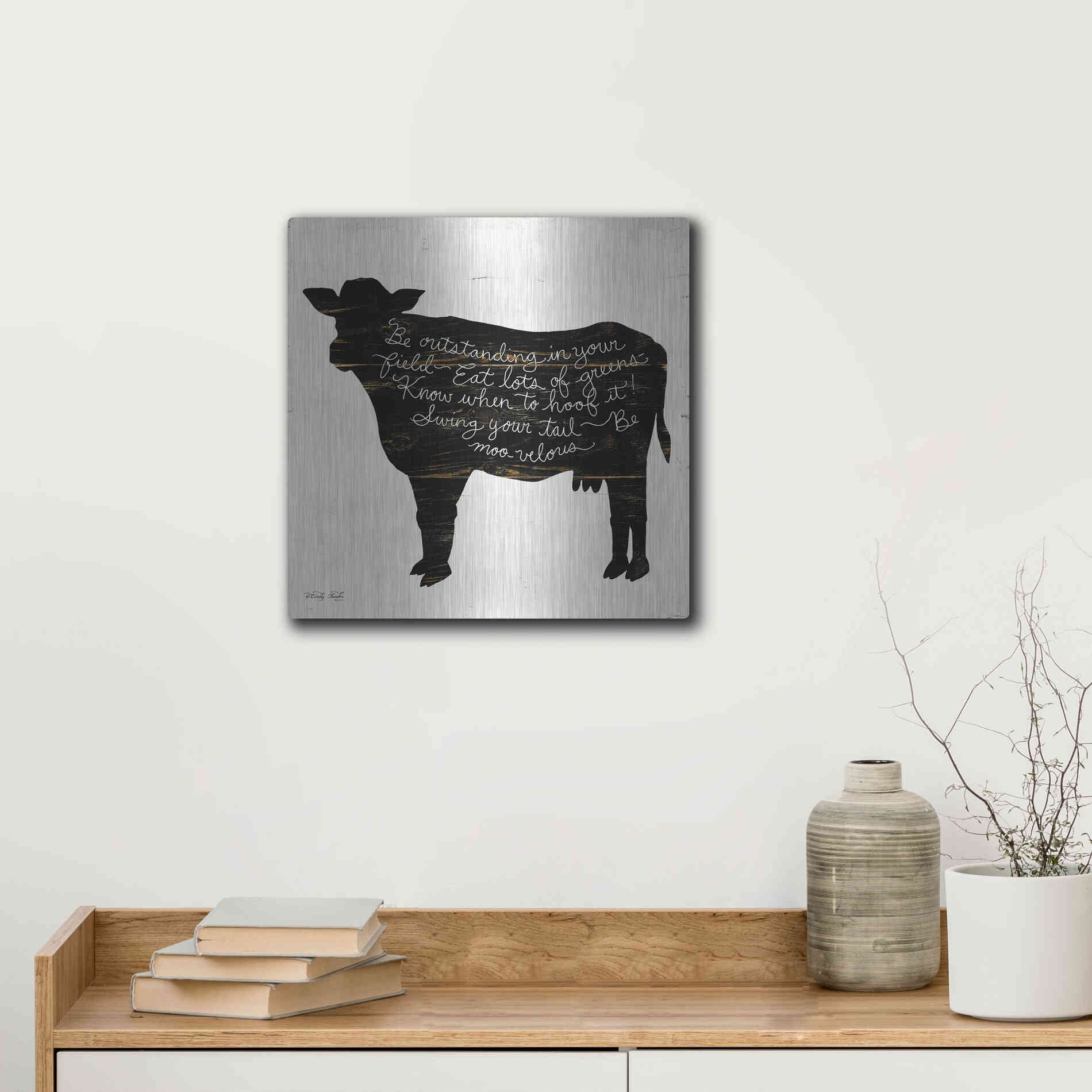 Luxe Metal Art 'Cow - Be Outstanding' by Cindy Jacobs, Metal Wall Art,12x12