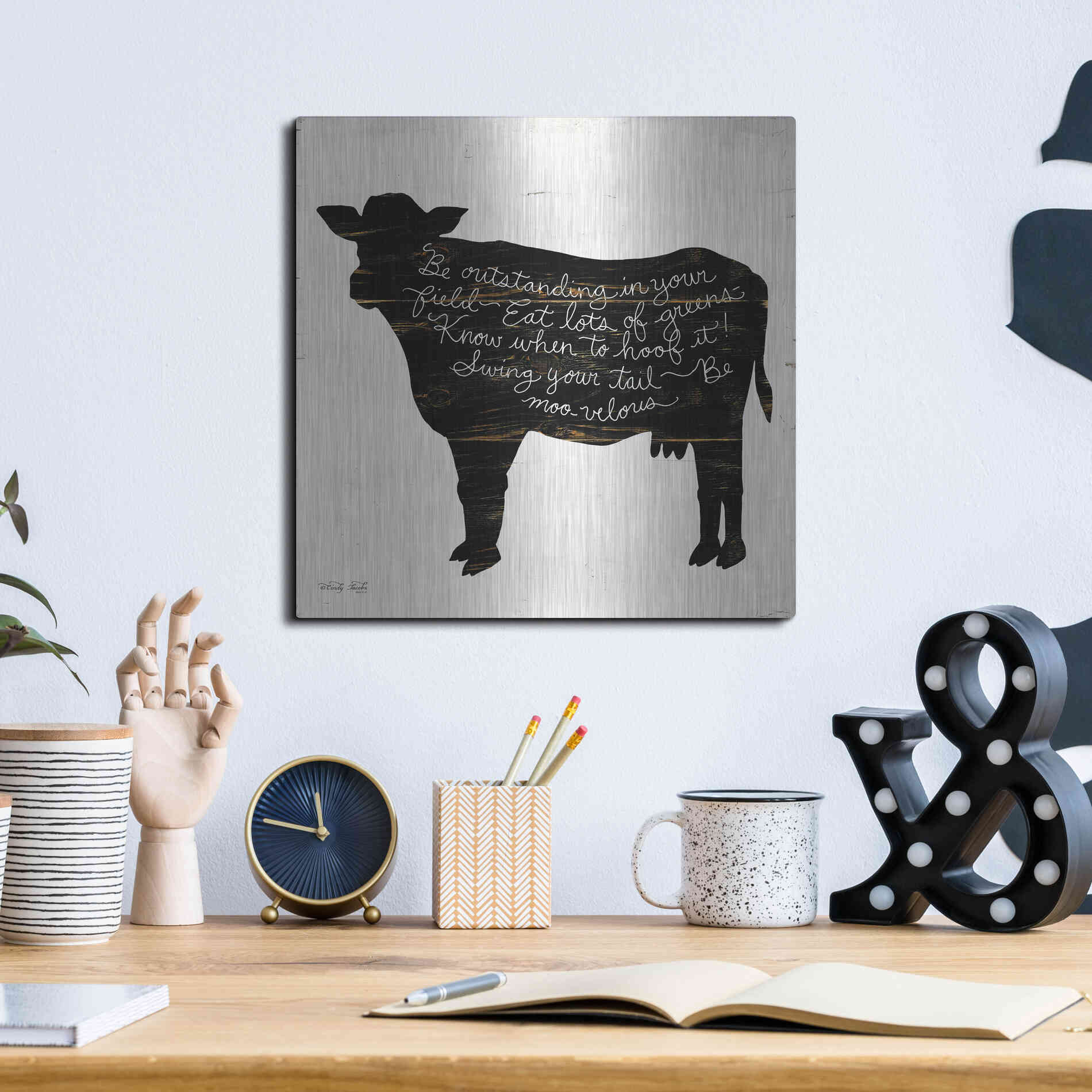 Luxe Metal Art 'Cow - Be Outstanding' by Cindy Jacobs, Metal Wall Art,12x12