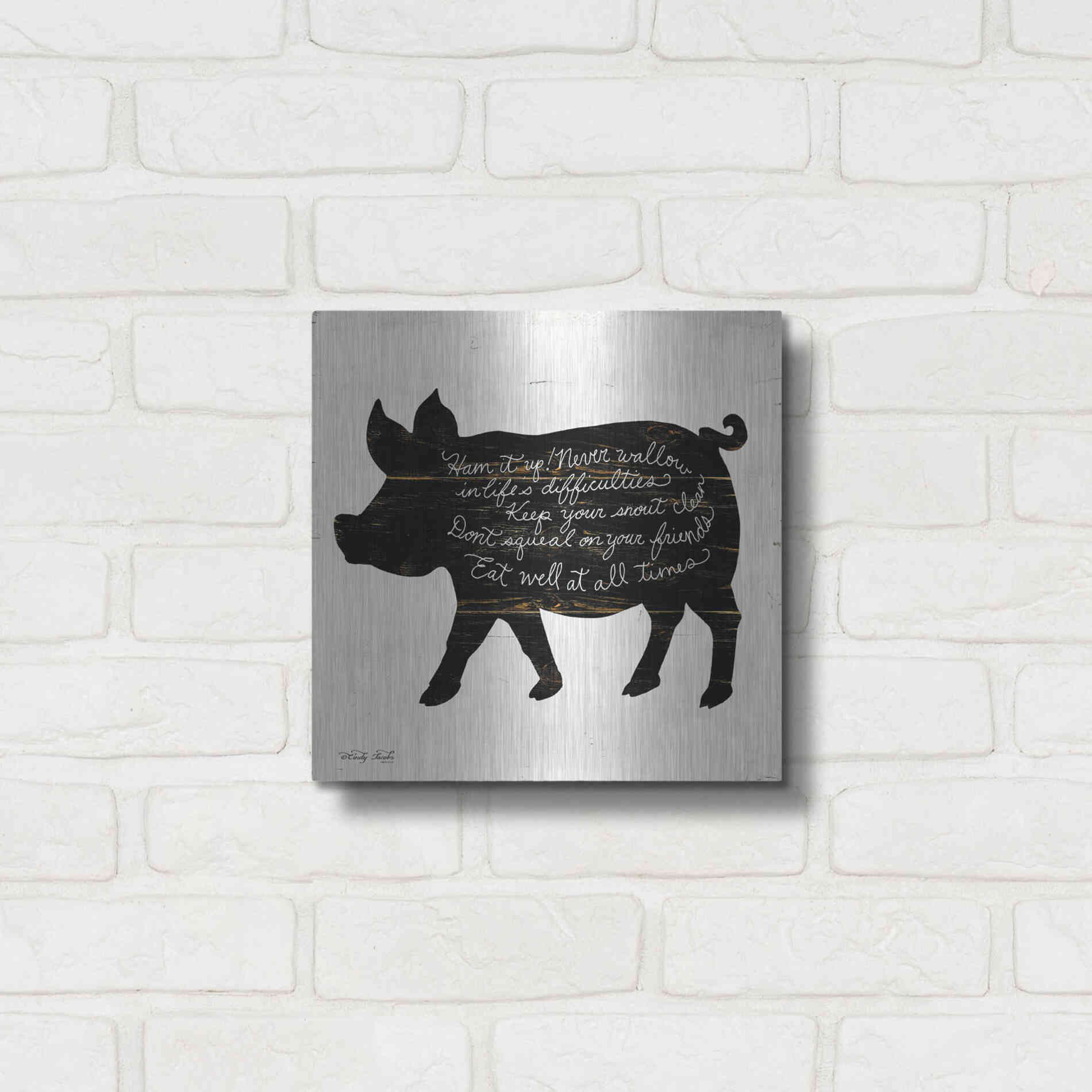 Luxe Metal Art 'Pig - Ham it Up' by Cindy Jacobs, Metal Wall Art,12x12