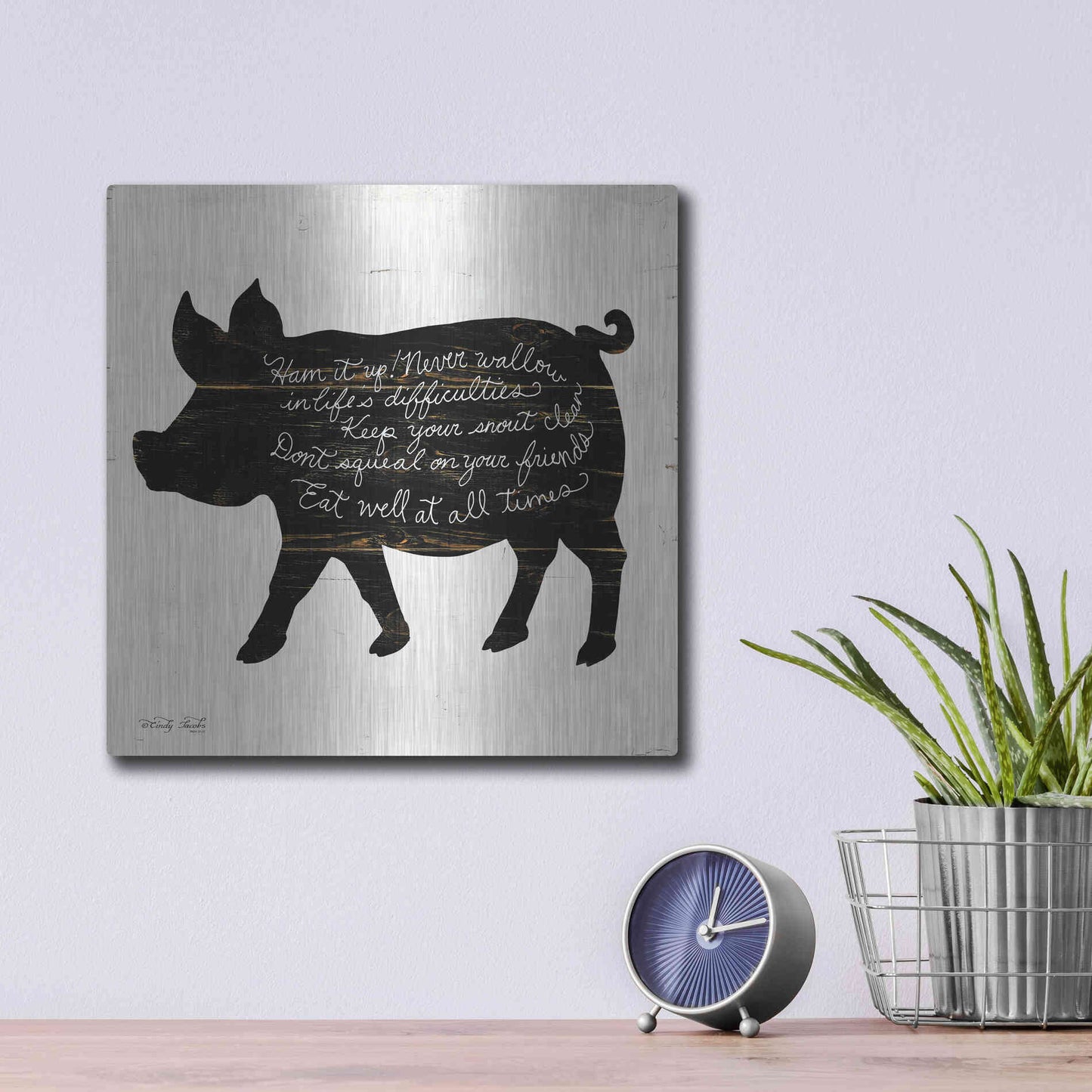 Luxe Metal Art 'Pig - Ham it Up' by Cindy Jacobs, Metal Wall Art,12x12