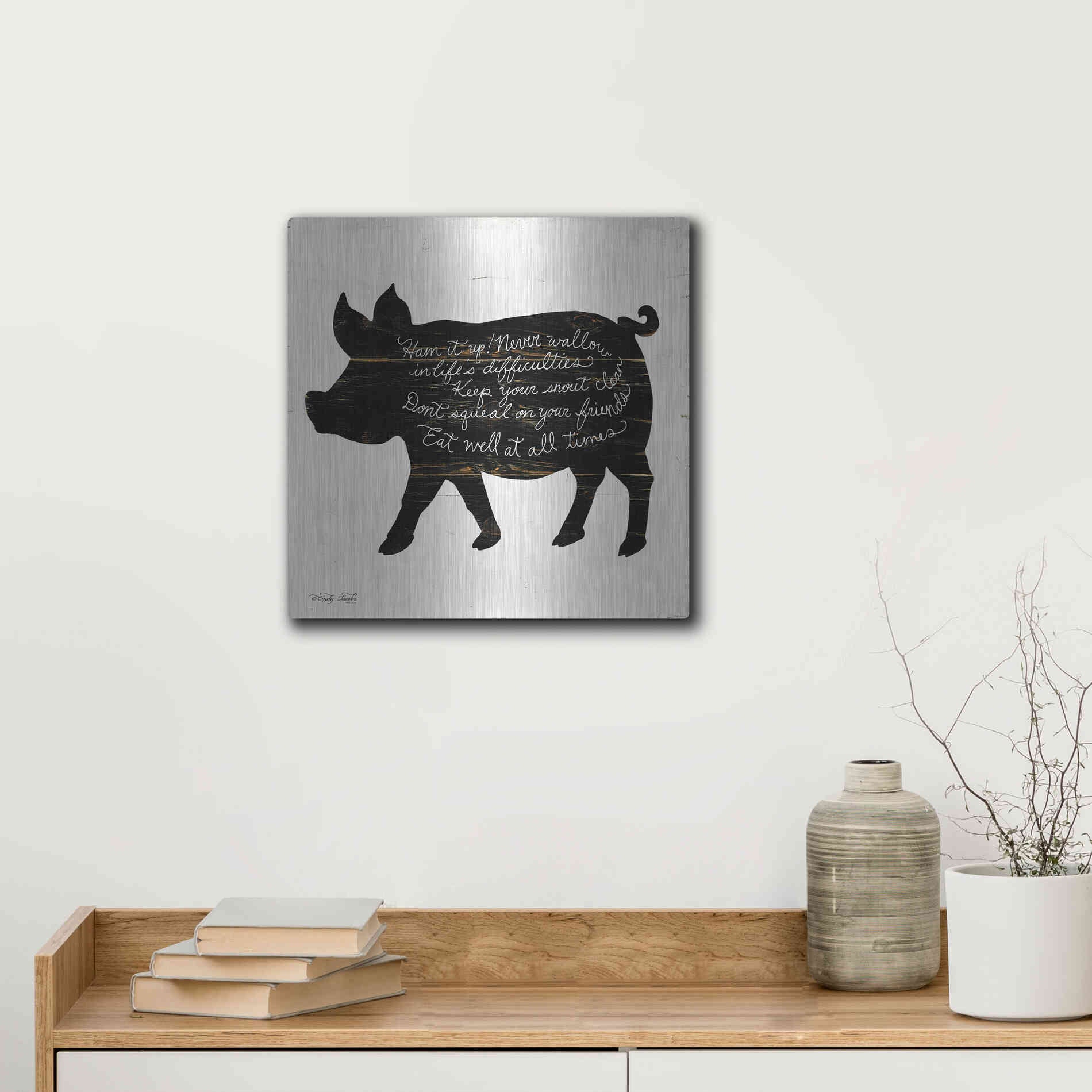 Luxe Metal Art 'Pig - Ham it Up' by Cindy Jacobs, Metal Wall Art,12x12