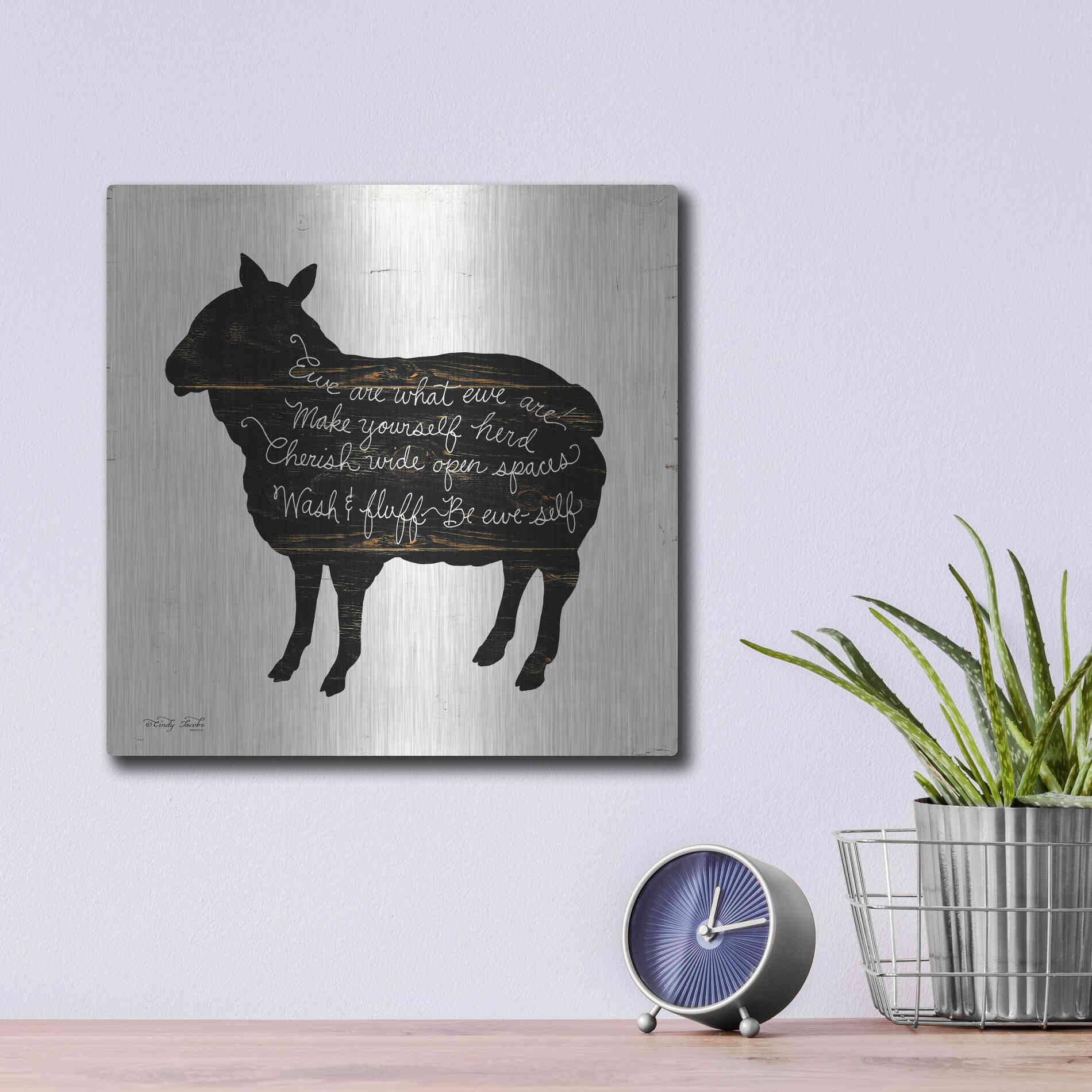 Luxe Metal Art 'Sheep - Make Yourself Herd' by Cindy Jacobs, Metal Wall Art,12x12