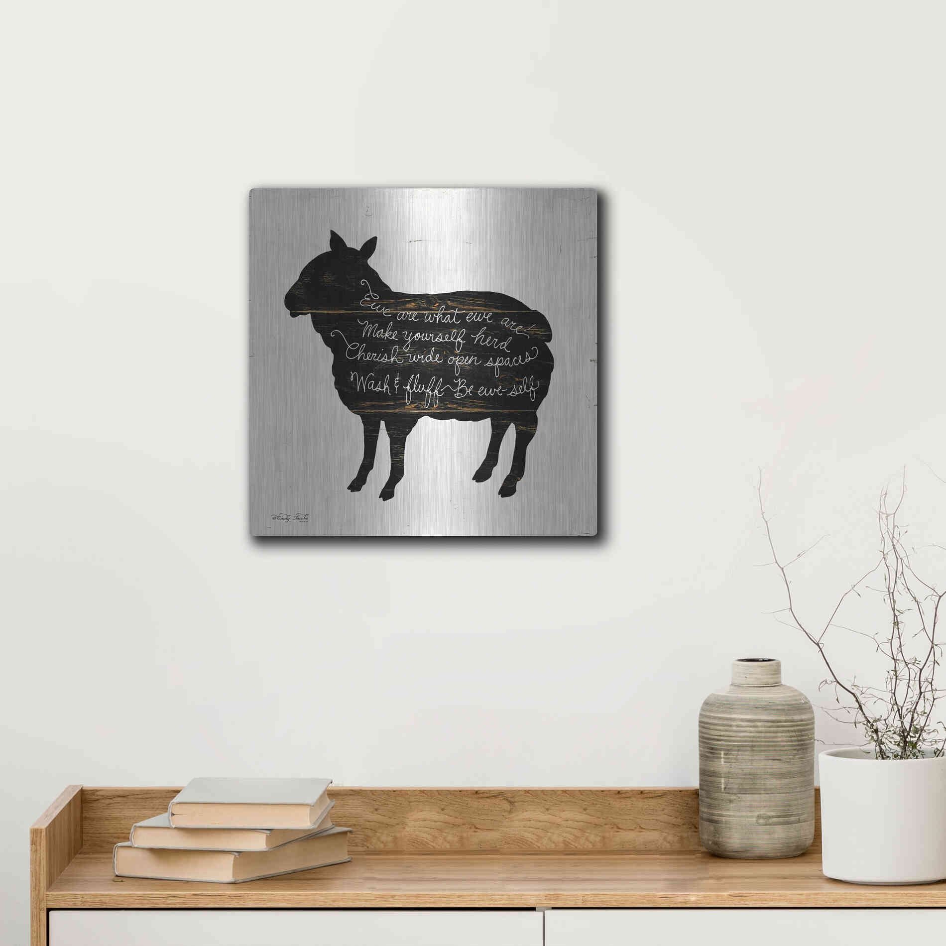 Luxe Metal Art 'Sheep - Make Yourself Herd' by Cindy Jacobs, Metal Wall Art,12x12
