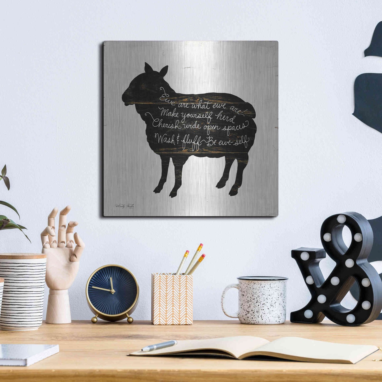 Luxe Metal Art 'Sheep - Make Yourself Herd' by Cindy Jacobs, Metal Wall Art,12x12