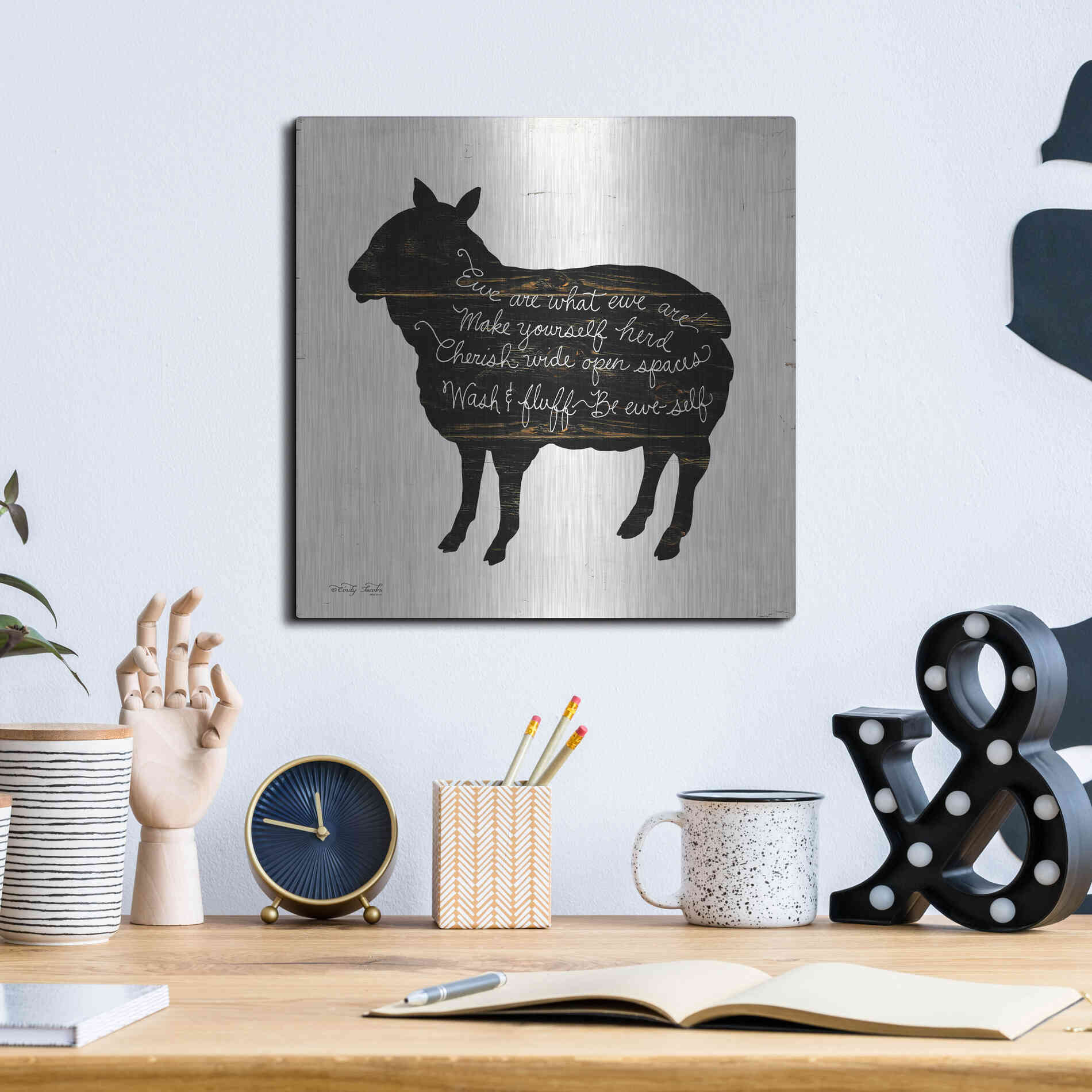 Luxe Metal Art 'Sheep - Make Yourself Herd' by Cindy Jacobs, Metal Wall Art,12x12
