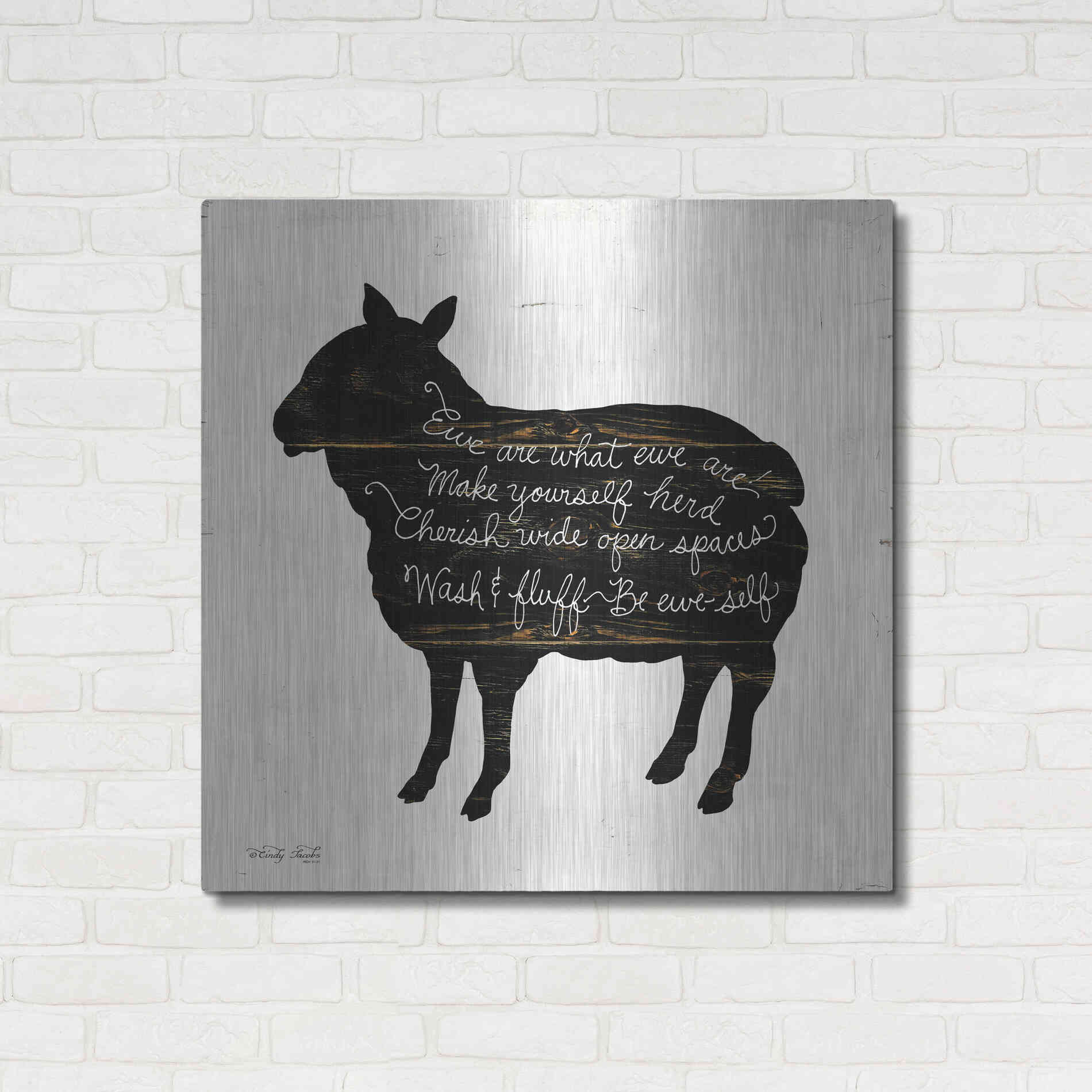 Luxe Metal Art 'Sheep - Make Yourself Herd' by Cindy Jacobs, Metal Wall Art,36x36