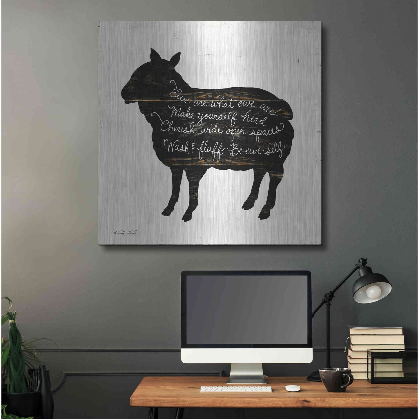 Luxe Metal Art 'Sheep - Make Yourself Herd' by Cindy Jacobs, Metal Wall Art,36x36