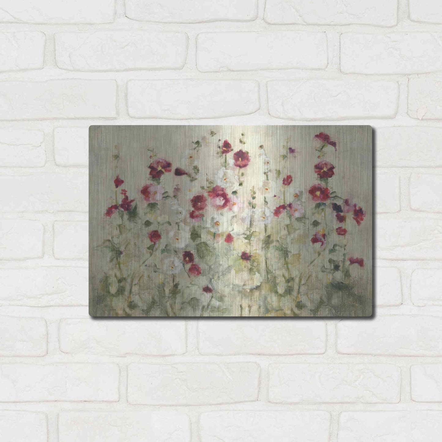 Luxe Metal Art 'Hollyhocks Row Cool' by Cheri Blum, Metal Wall Art,16x12