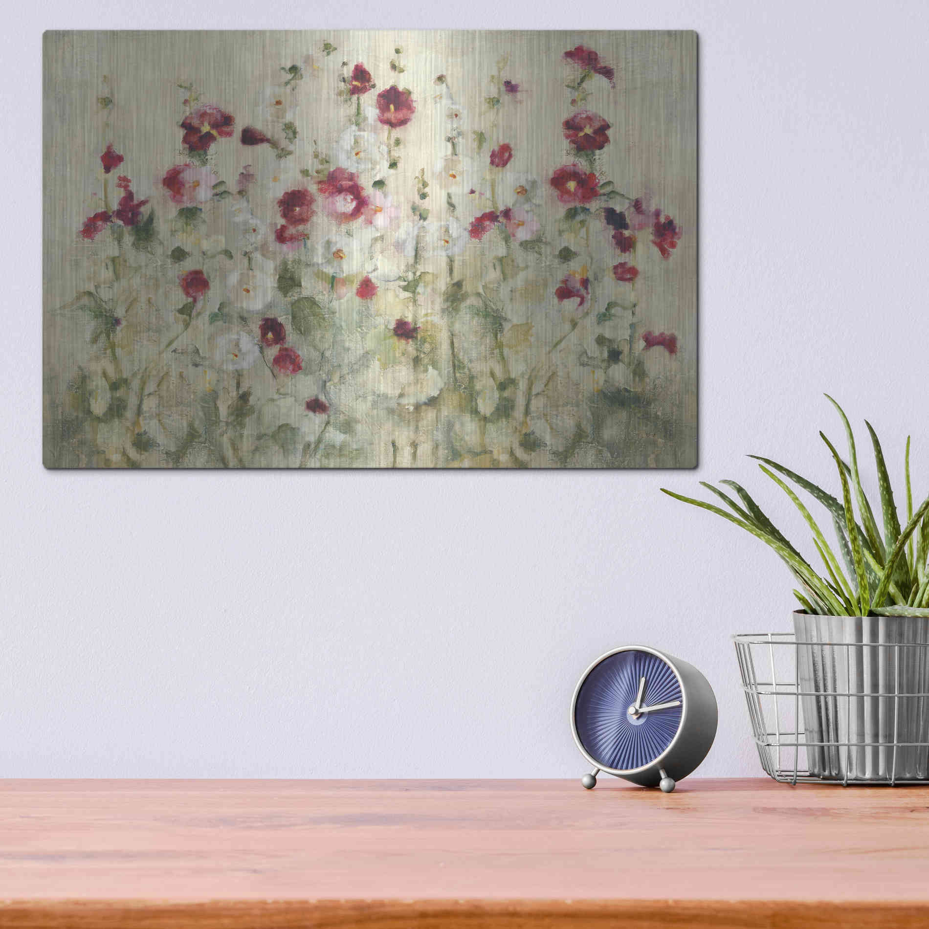 Luxe Metal Art 'Hollyhocks Row Cool' by Cheri Blum, Metal Wall Art,16x12