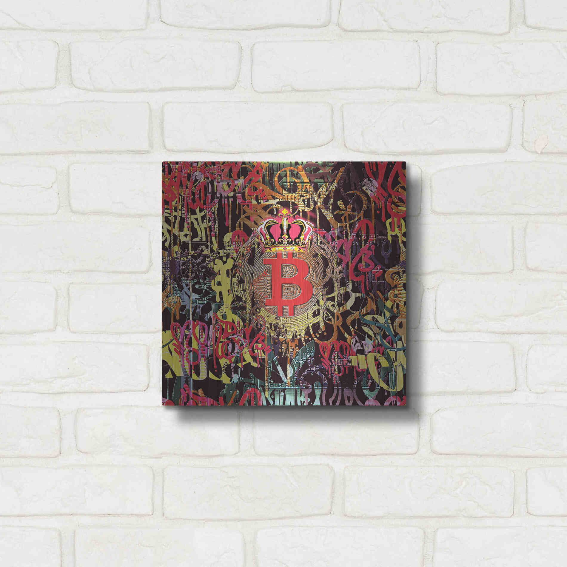 Luxe Metal Art 'Bitcoin Graffiti Art 6' by Irena Orlov, Metal Wall Art,12x12