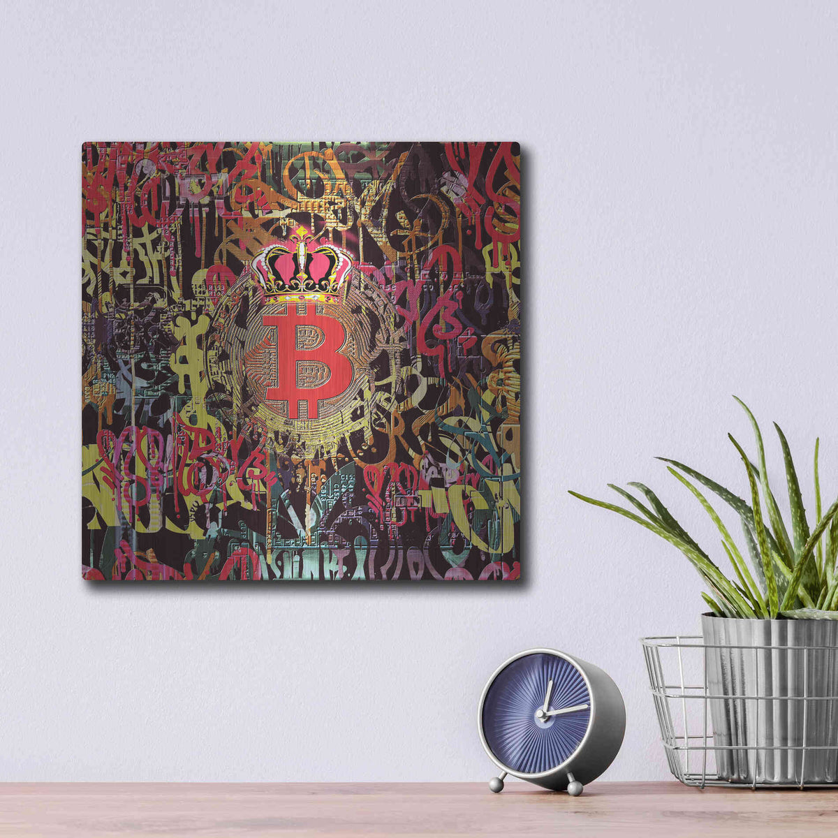 Luxe Metal Art 'Bitcoin Graffiti Art 6' by Irena Orlov, Metal Wall Art,12x12