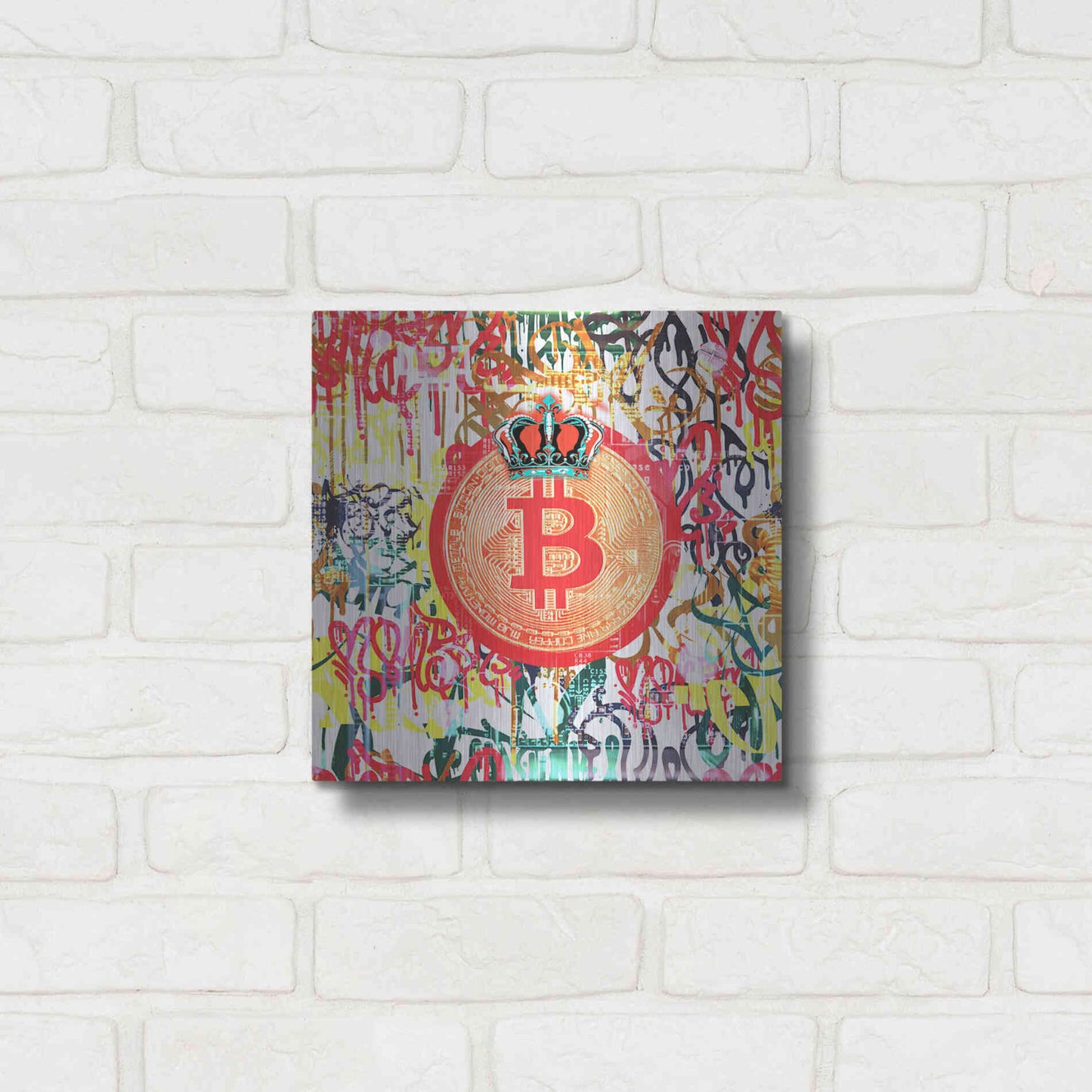 Luxe Metal Art 'Bitcoin Graffiti Art 5' by Irena Orlov, Metal Wall Art,12x12