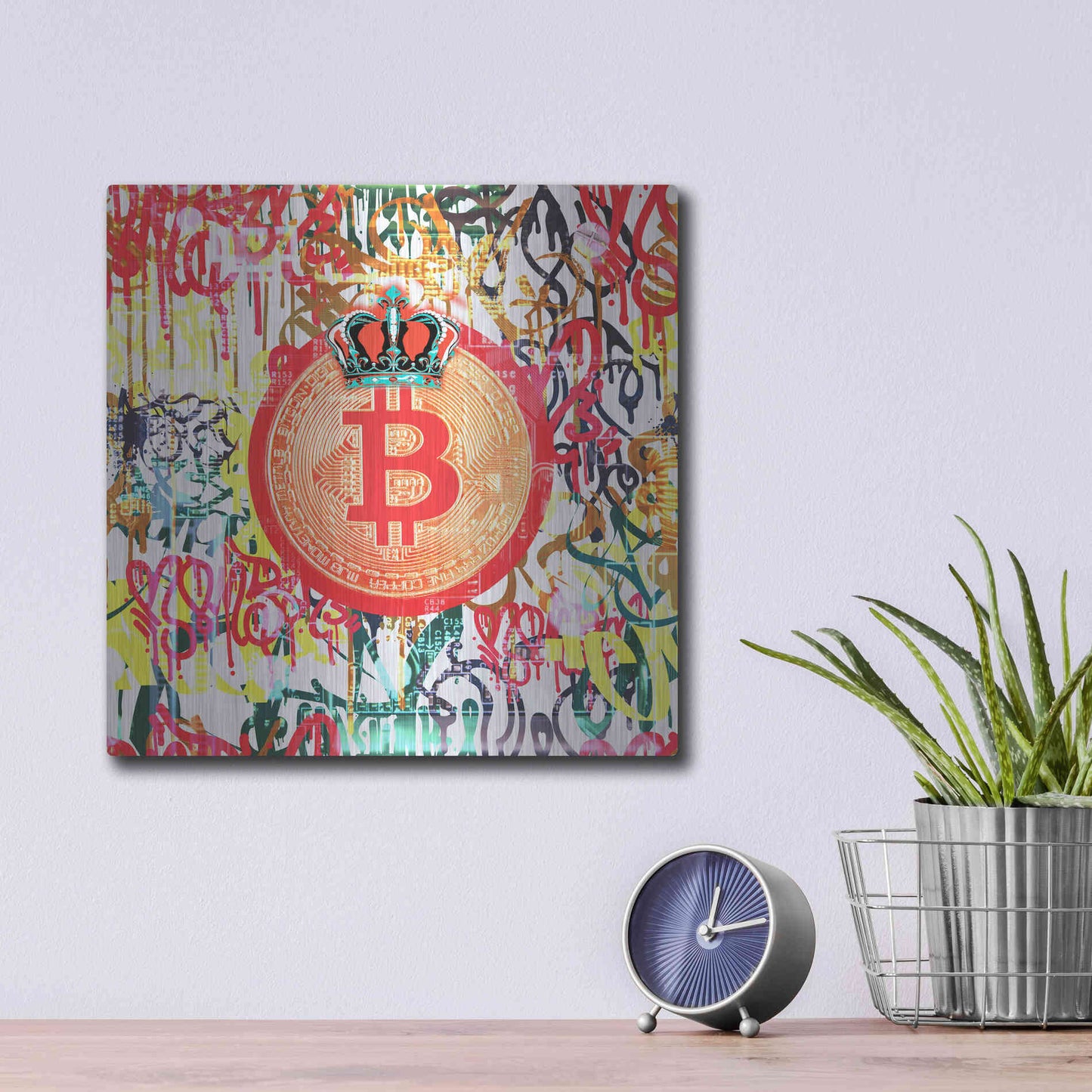 Luxe Metal Art 'Bitcoin Graffiti Art 5' by Irena Orlov, Metal Wall Art,12x12