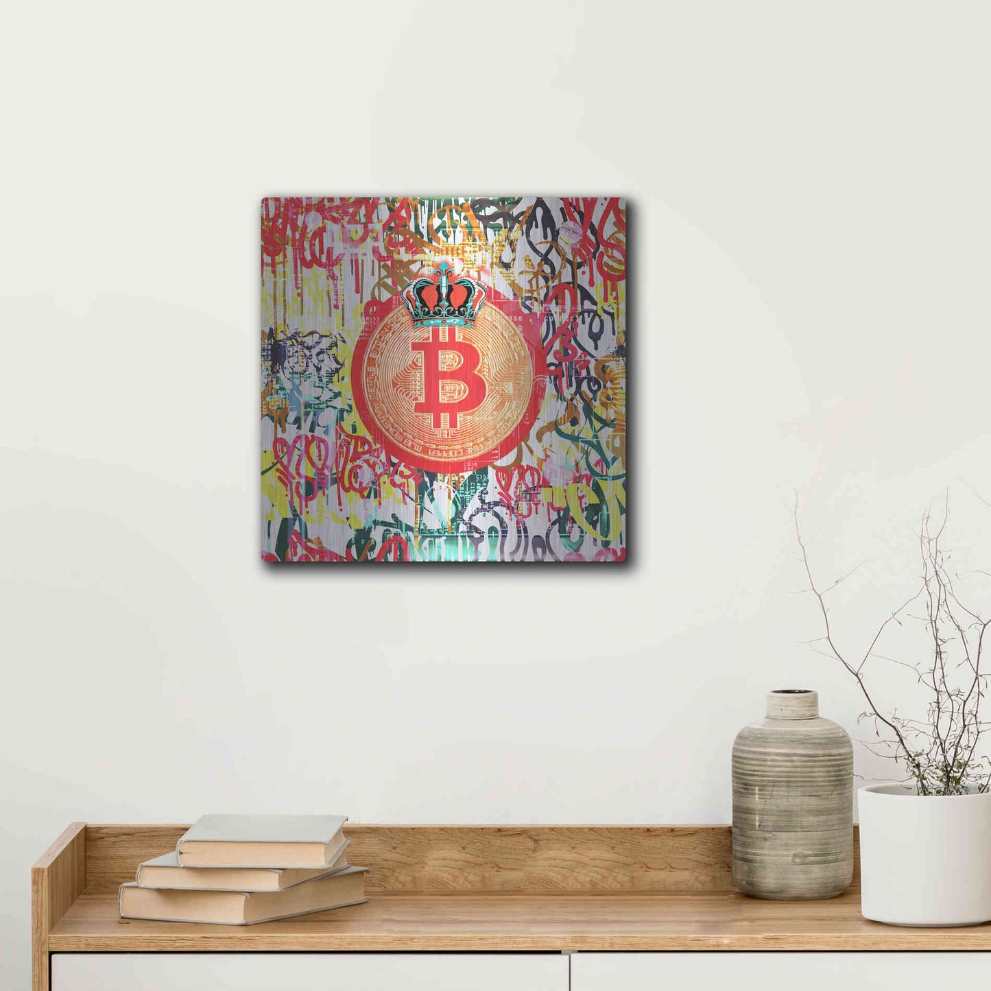 Luxe Metal Art 'Bitcoin Graffiti Art 5' by Irena Orlov, Metal Wall Art,12x12