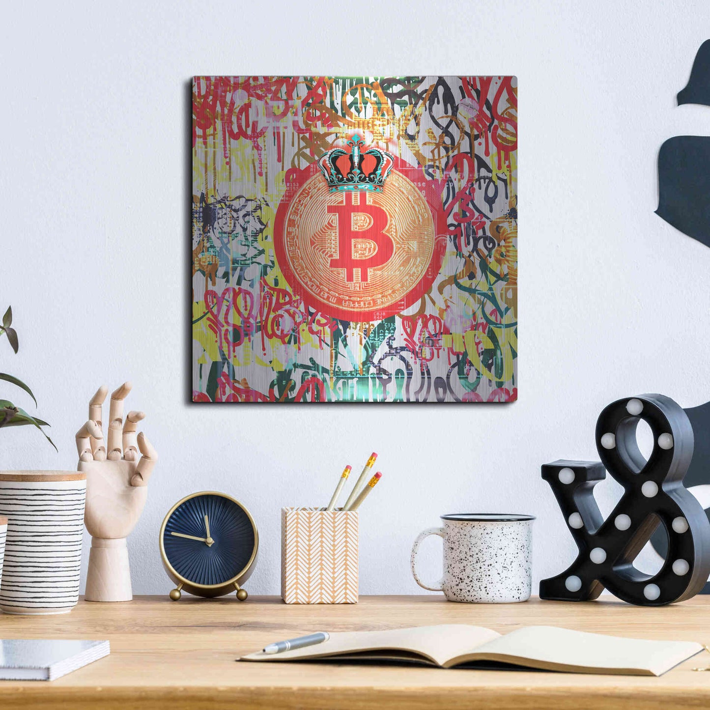 Luxe Metal Art 'Bitcoin Graffiti Art 5' by Irena Orlov, Metal Wall Art,12x12