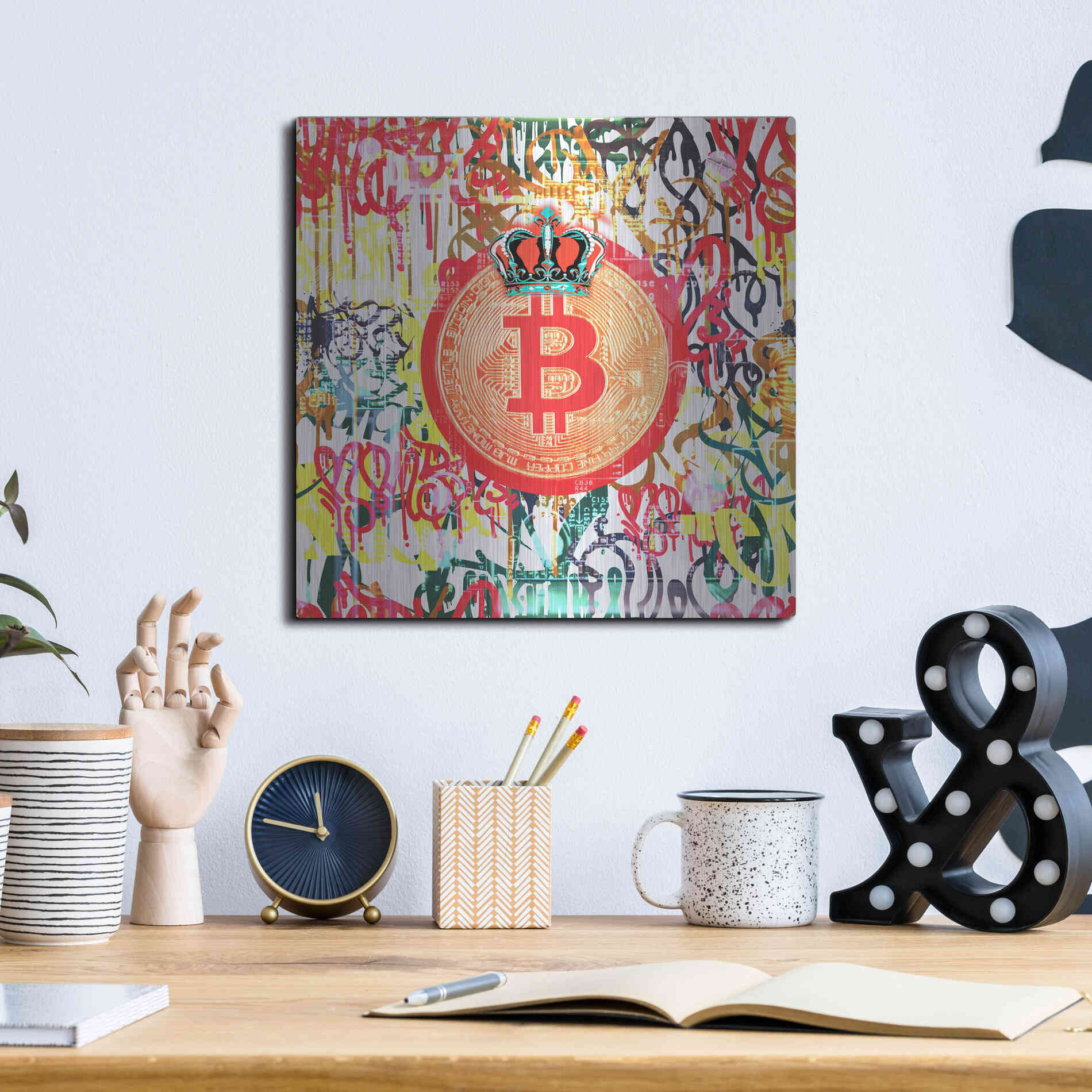 Luxe Metal Art 'Bitcoin Graffiti Art 5' by Irena Orlov, Metal Wall Art,12x12