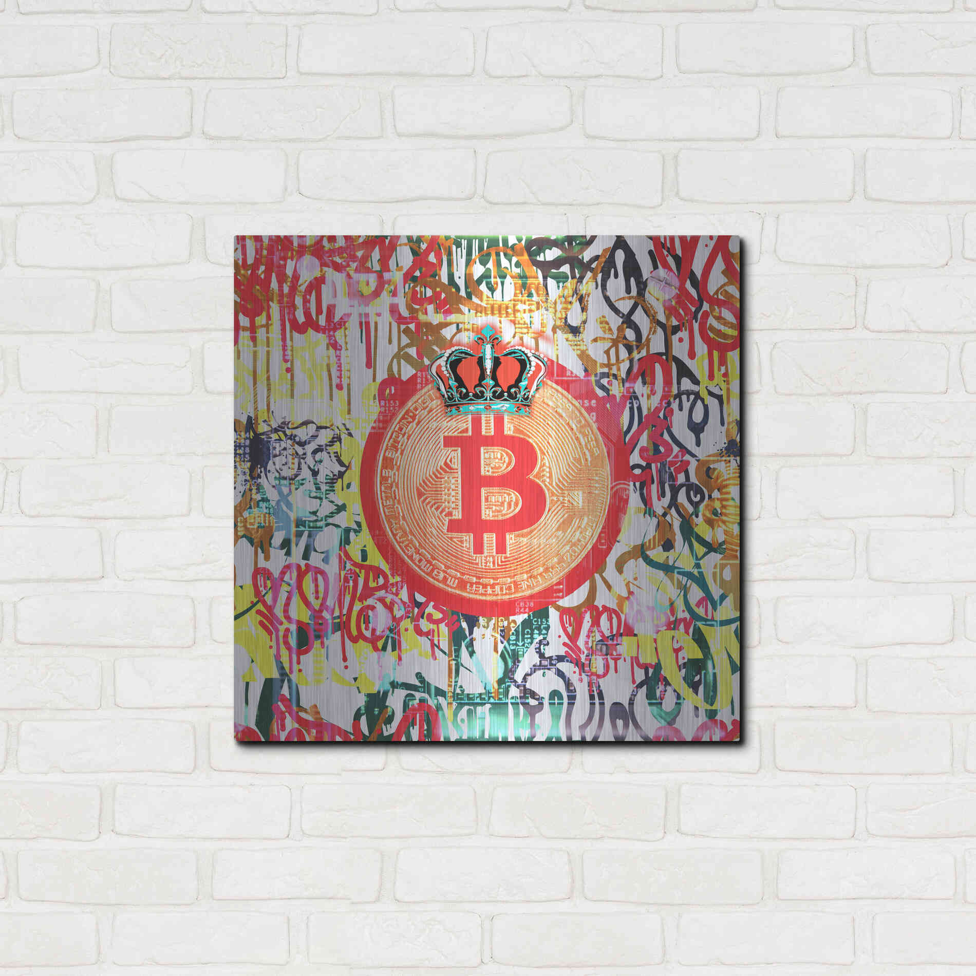 Luxe Metal Art 'Bitcoin Graffiti Art 5' by Irena Orlov, Metal Wall Art,24x24