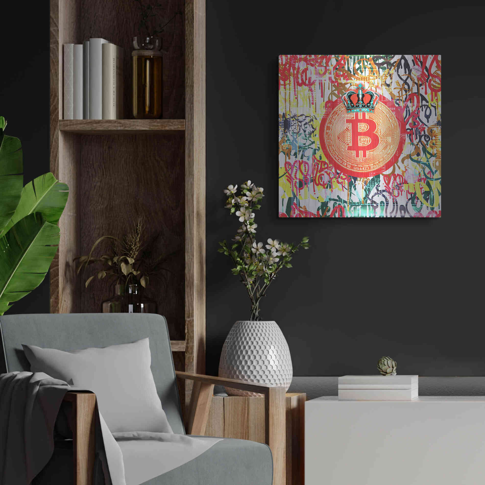 Luxe Metal Art 'Bitcoin Graffiti Art 5' by Irena Orlov, Metal Wall Art,24x24