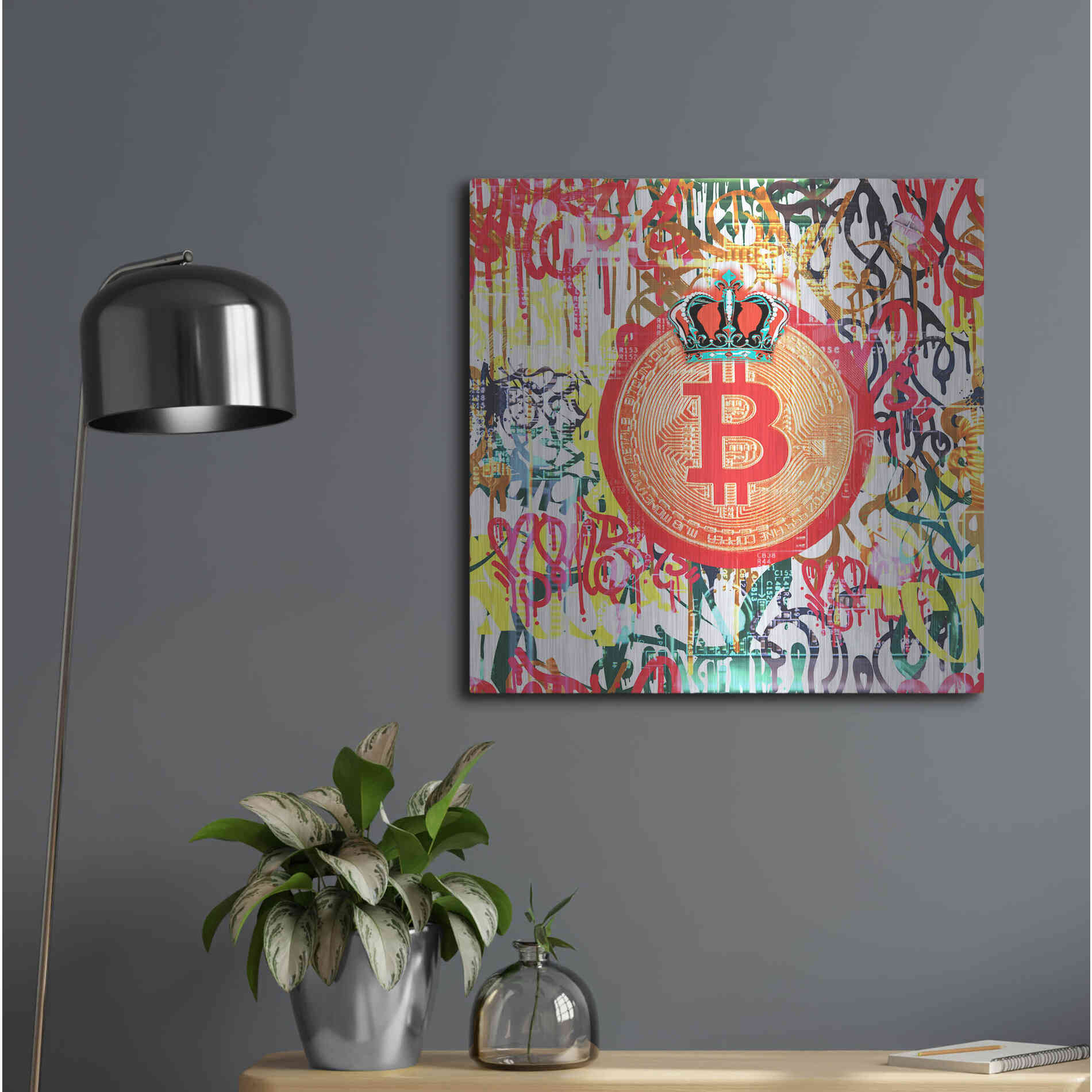 Luxe Metal Art 'Bitcoin Graffiti Art 5' by Irena Orlov, Metal Wall Art,24x24