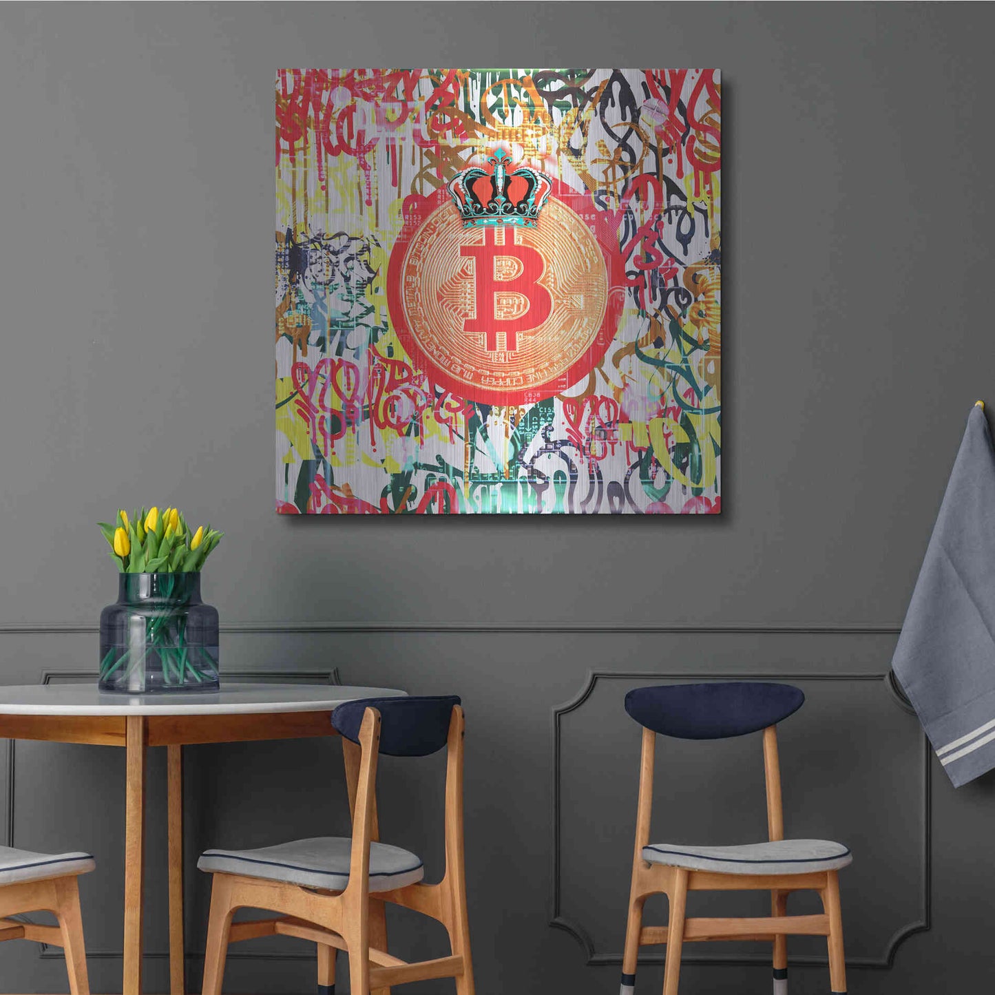 Luxe Metal Art 'Bitcoin Graffiti Art 5' by Irena Orlov, Metal Wall Art,36x36