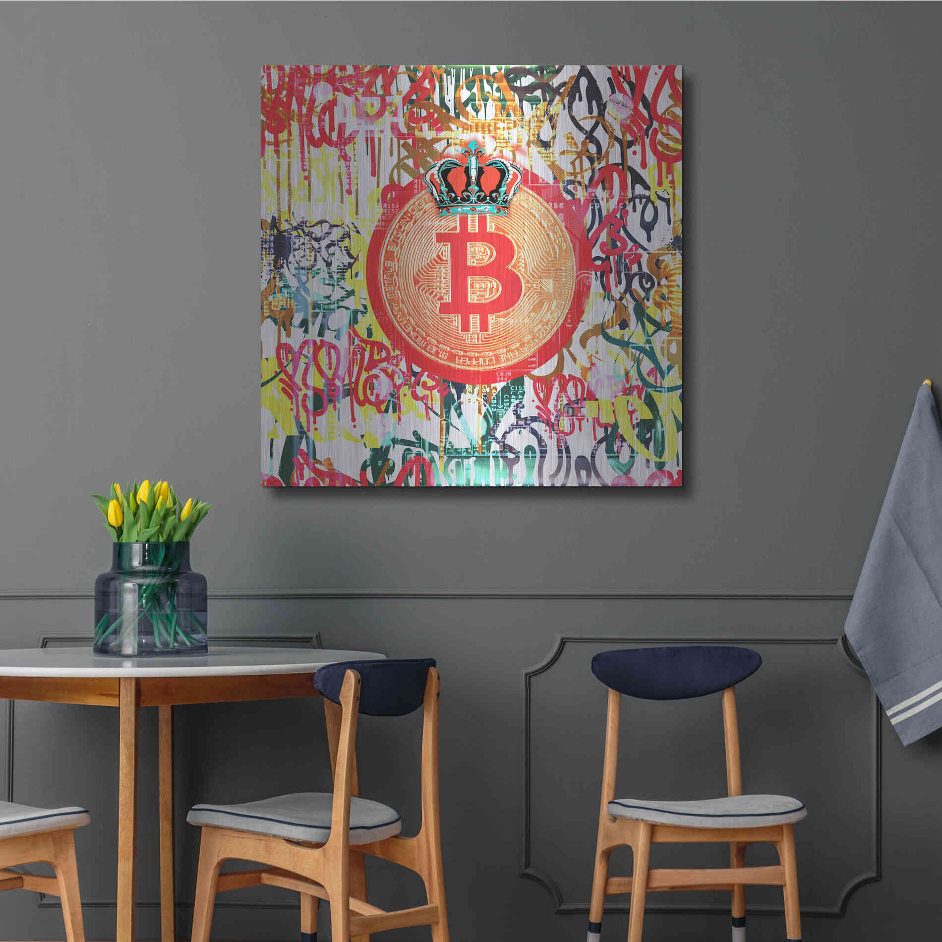 Luxe Metal Art 'Bitcoin Graffiti Art 5' by Irena Orlov, Metal Wall Art,36x36