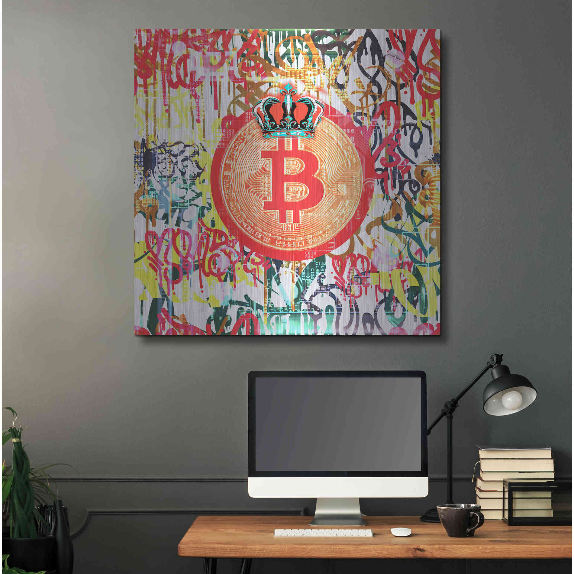 Luxe Metal Art 'Bitcoin Graffiti Art 5' by Irena Orlov, Metal Wall Art,36x36