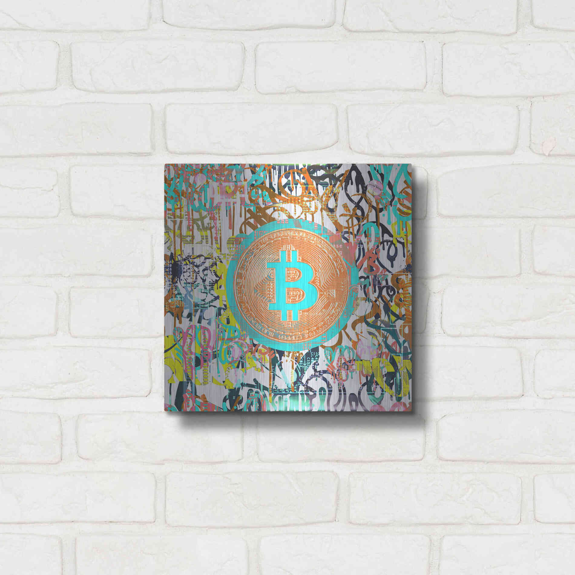 Luxe Metal Art 'Bitcoin Graffiti Art 3' by Irena Orlov, Metal Wall Art,12x12