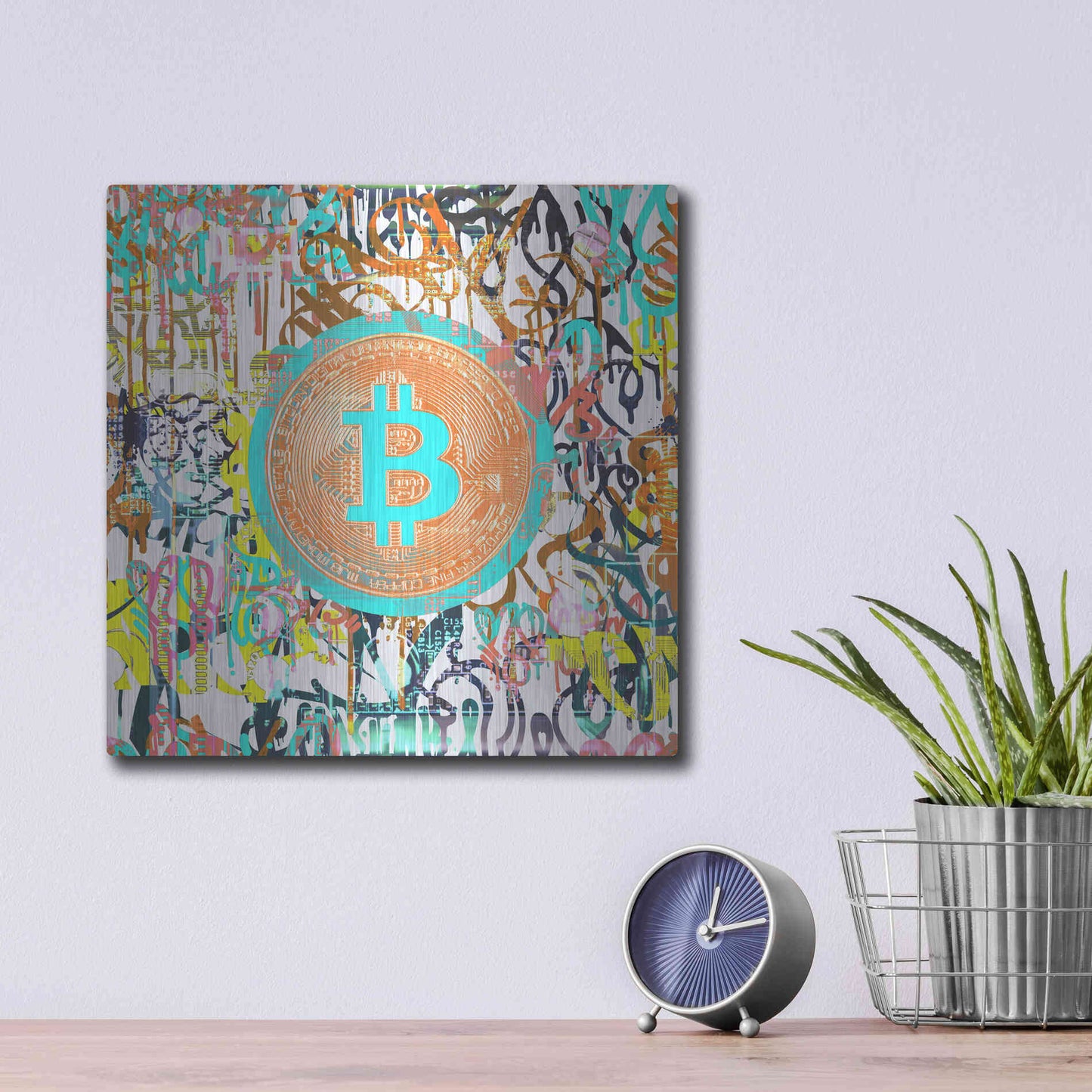 Luxe Metal Art 'Bitcoin Graffiti Art 3' by Irena Orlov, Metal Wall Art,12x12