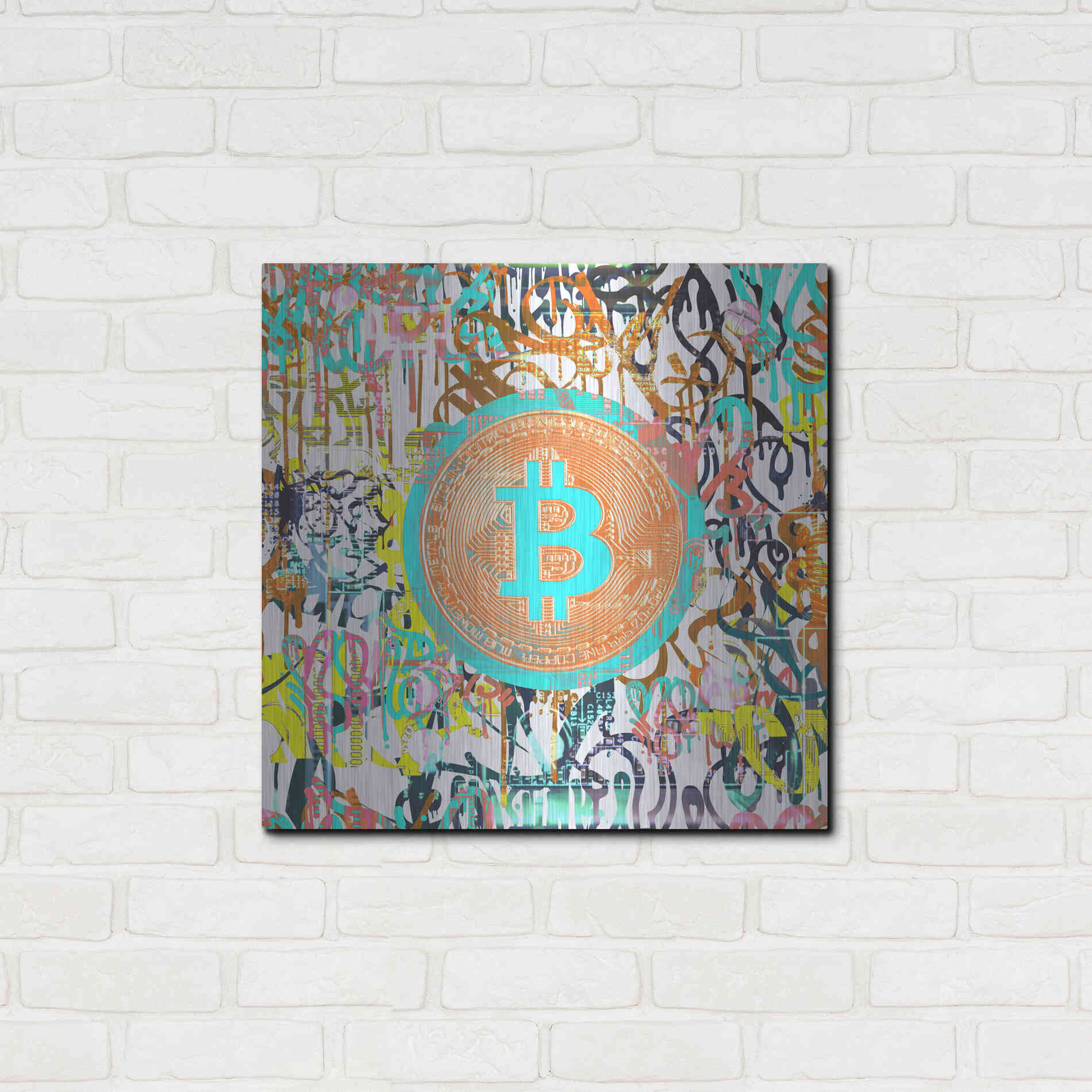 Luxe Metal Art 'Bitcoin Graffiti Art 3' by Irena Orlov, Metal Wall Art,24x24