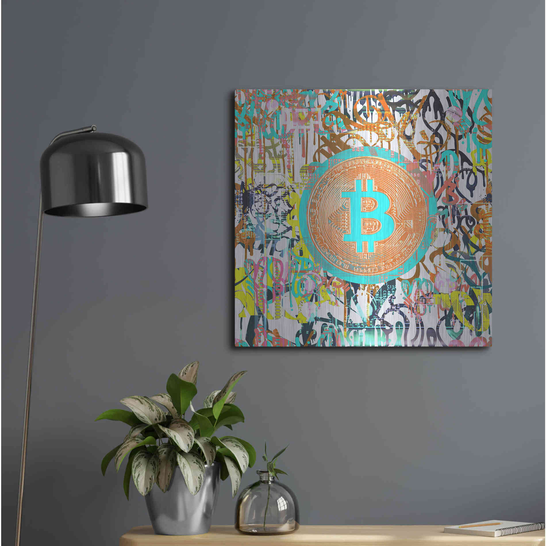 Luxe Metal Art 'Bitcoin Graffiti Art 3' by Irena Orlov, Metal Wall Art,24x24