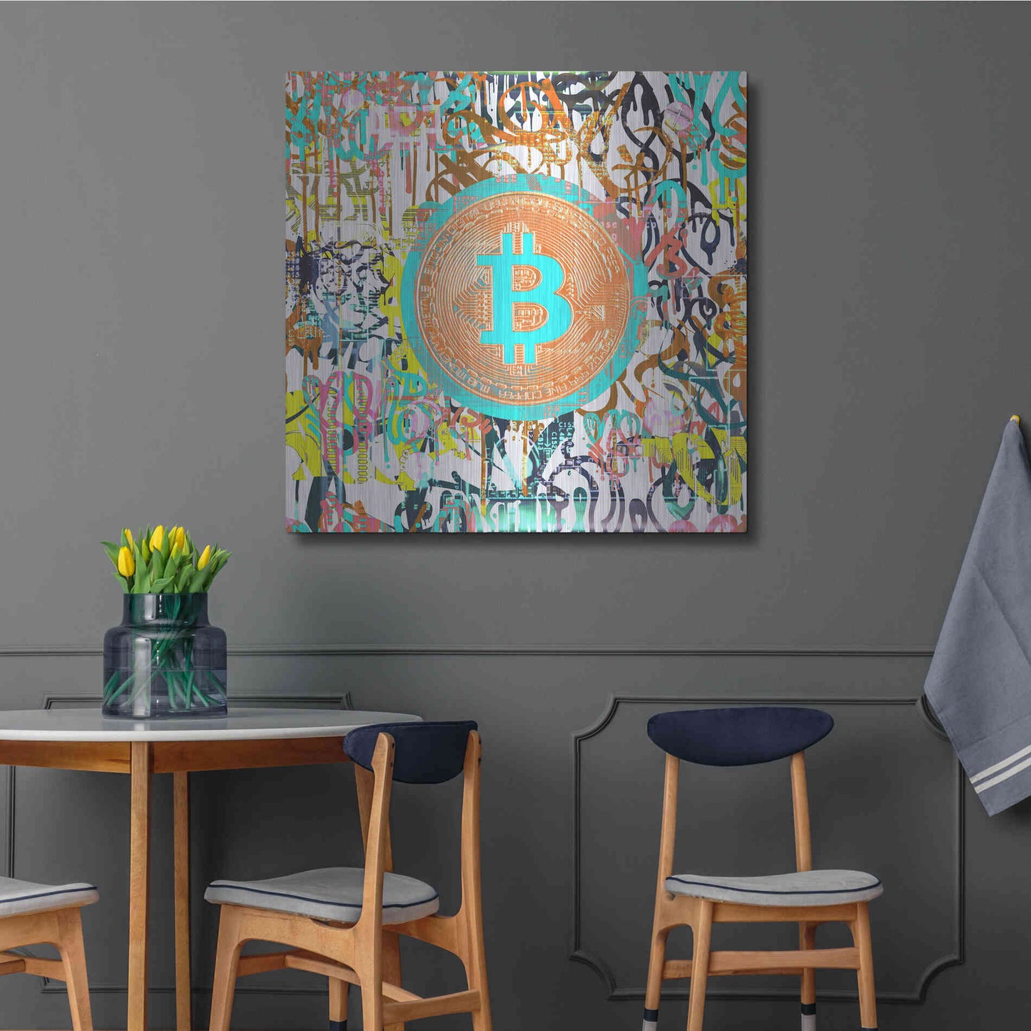 Luxe Metal Art 'Bitcoin Graffiti Art 3' by Irena Orlov, Metal Wall Art,36x36