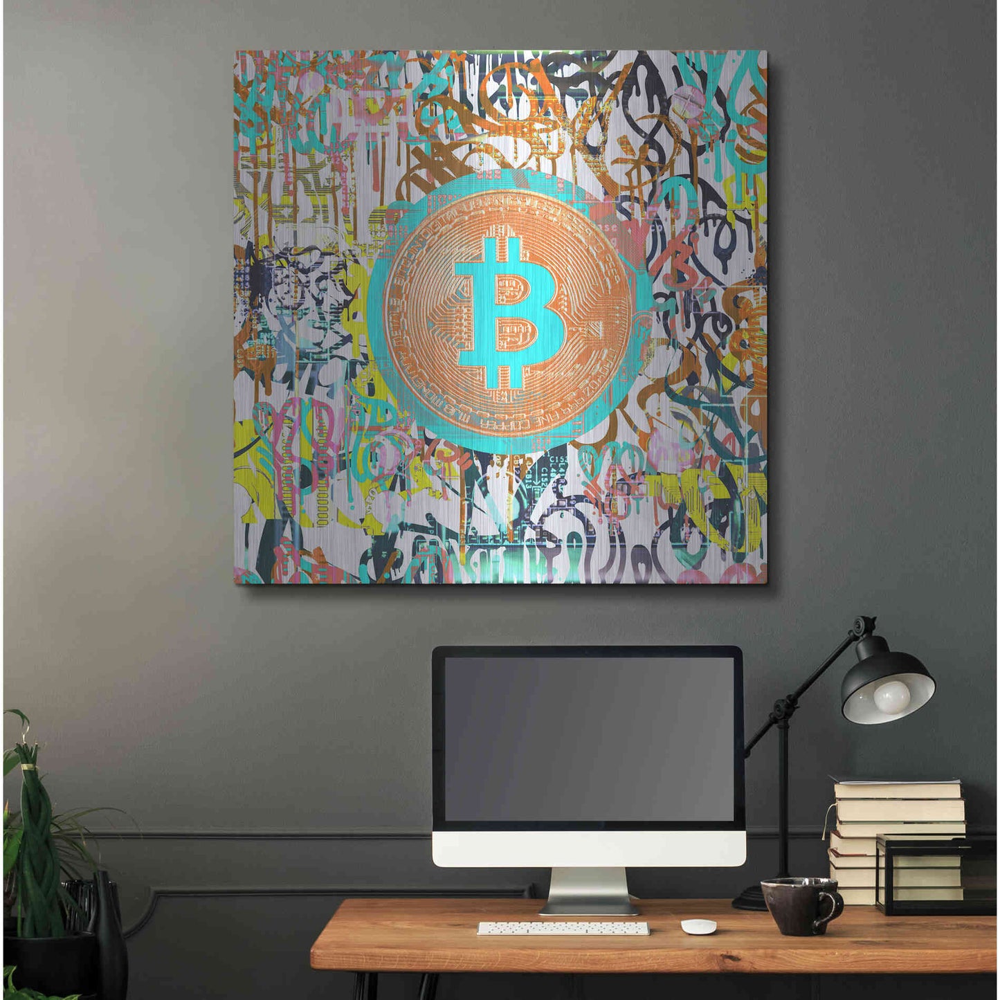 Luxe Metal Art 'Bitcoin Graffiti Art 3' by Irena Orlov, Metal Wall Art,36x36