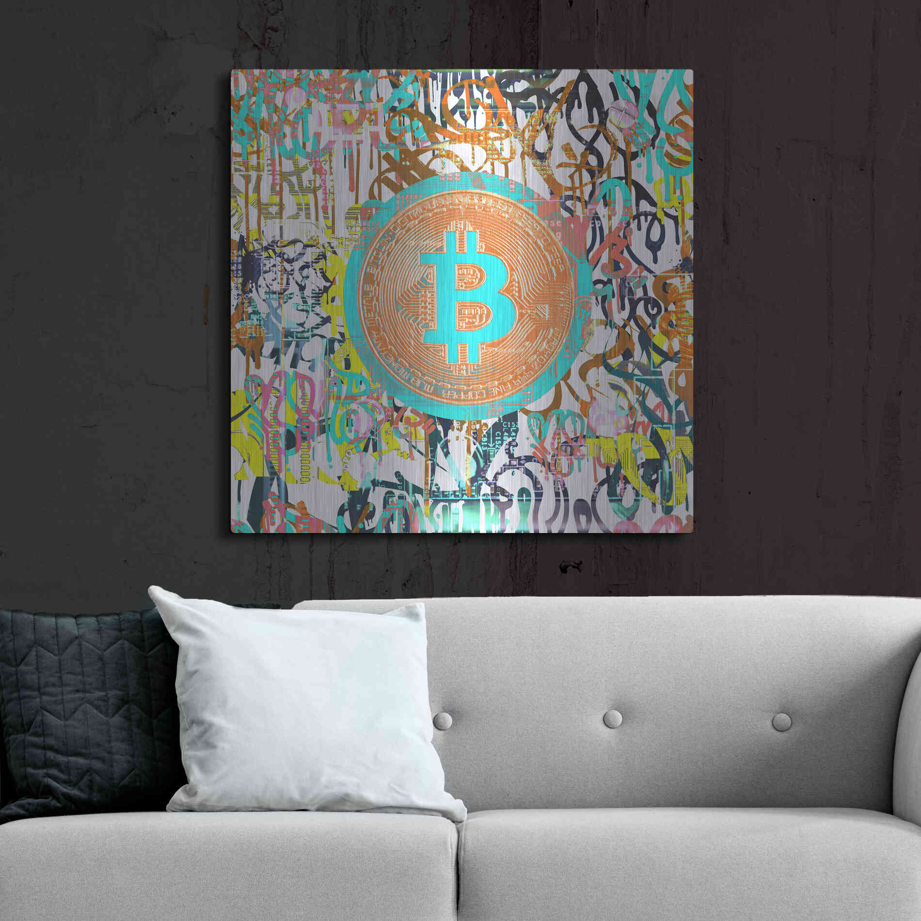 Luxe Metal Art 'Bitcoin Graffiti Art 3' by Irena Orlov, Metal Wall Art,36x36