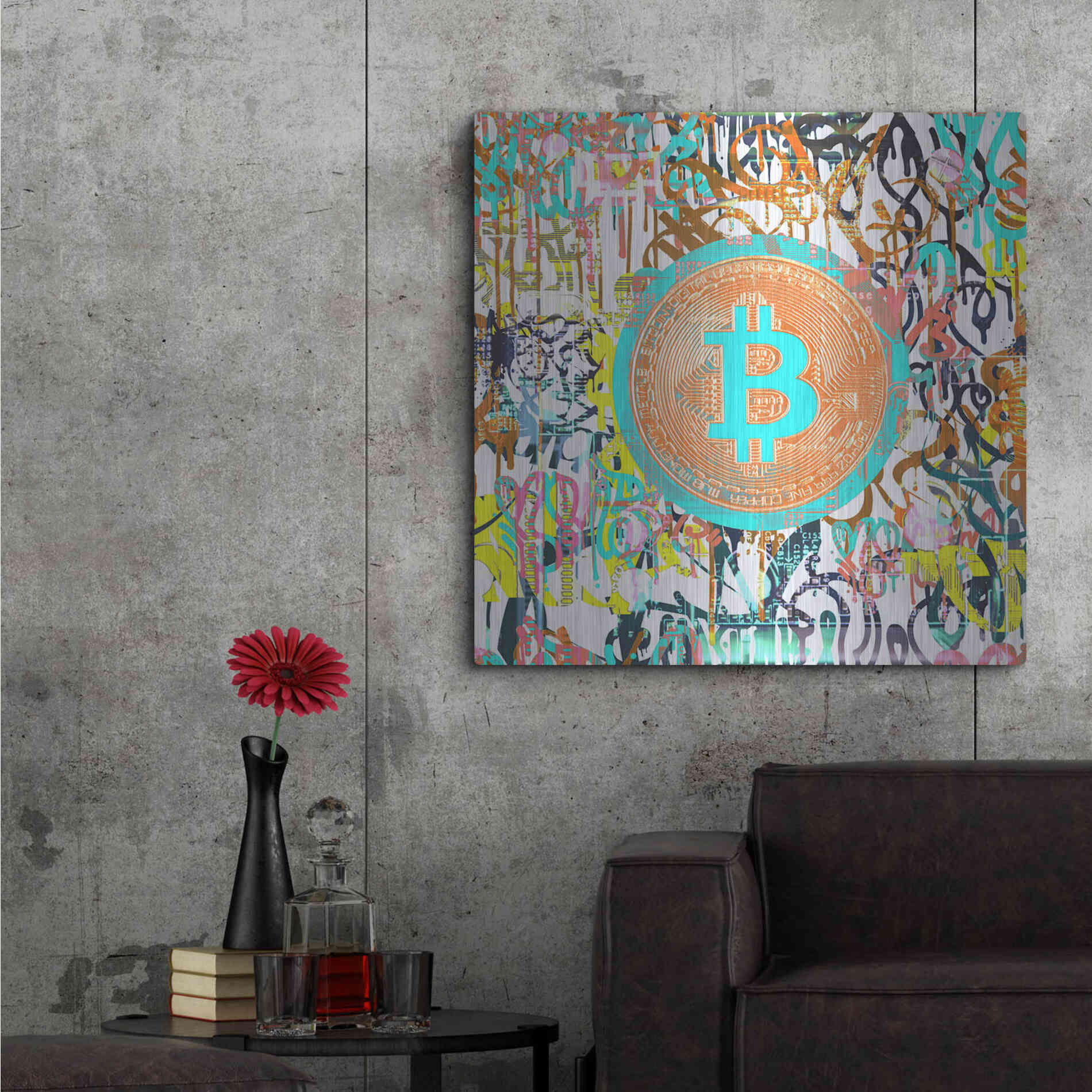 Luxe Metal Art 'Bitcoin Graffiti Art 3' by Irena Orlov, Metal Wall Art,36x36