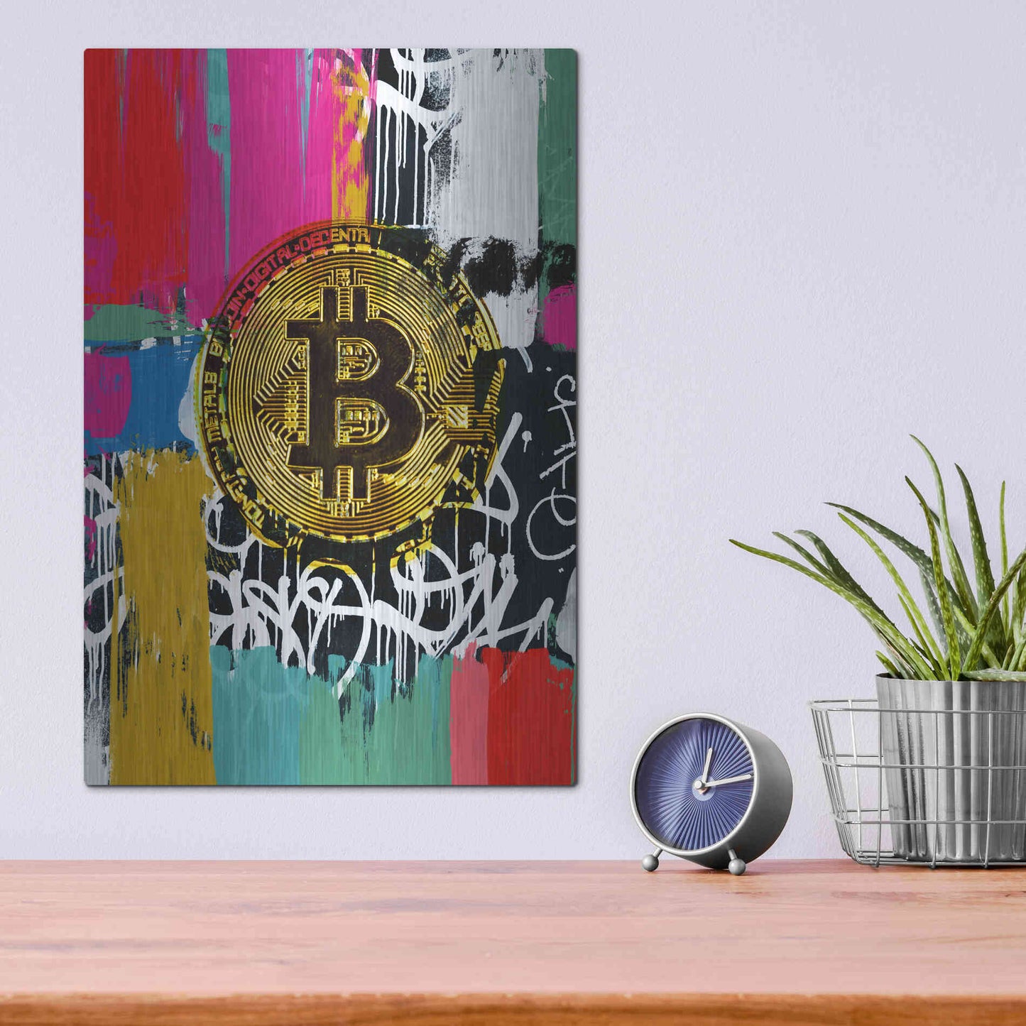 Luxe Metal Art 'Cryptocurrency Bitcoin Graffiti 2-1' by Irena Orlov, Metal Wall Art,12x16