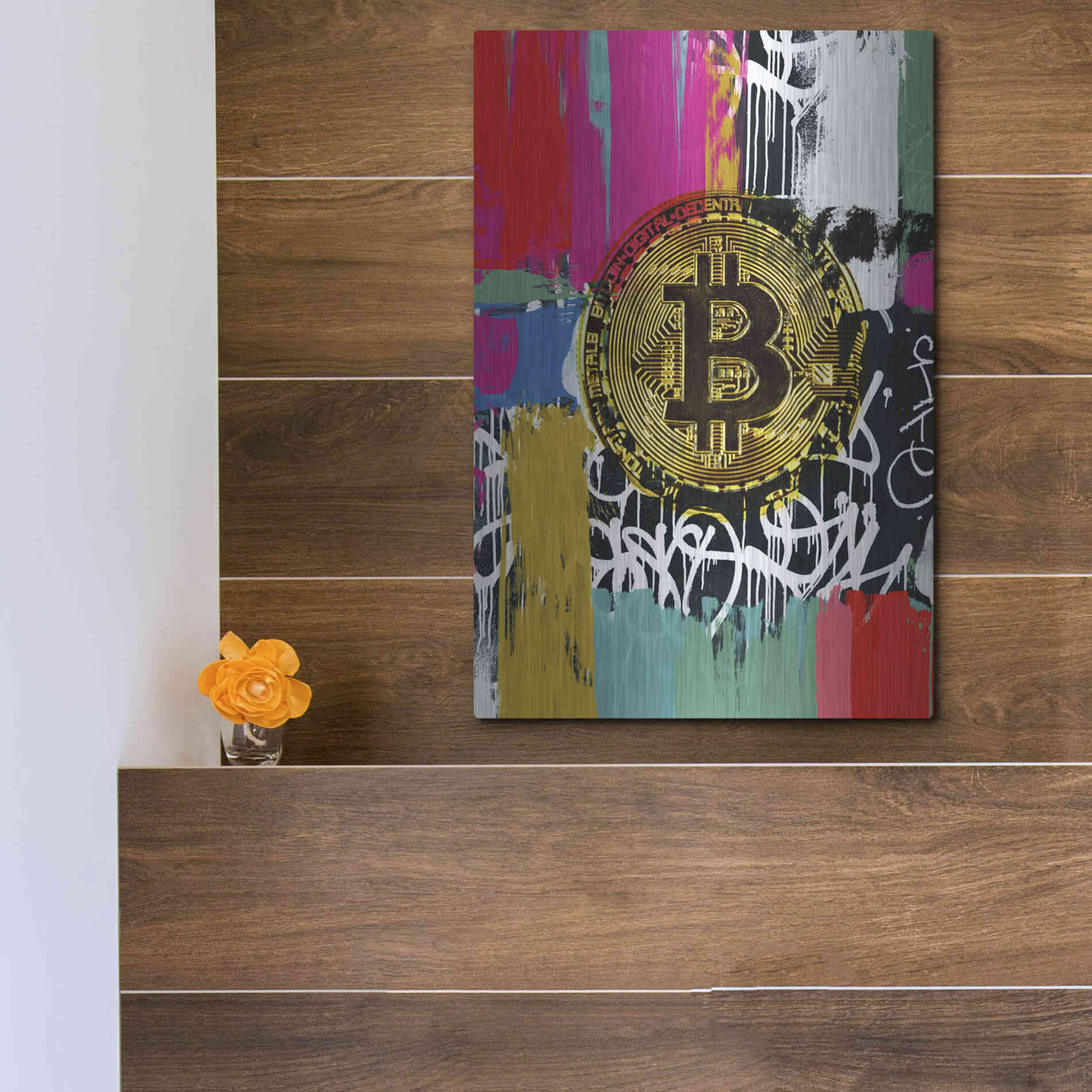 Luxe Metal Art 'Cryptocurrency Bitcoin Graffiti 2-1' by Irena Orlov, Metal Wall Art,12x16