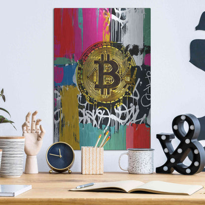 Luxe Metal Art 'Cryptocurrency Bitcoin Graffiti 2-1' by Irena Orlov, Metal Wall Art,12x16
