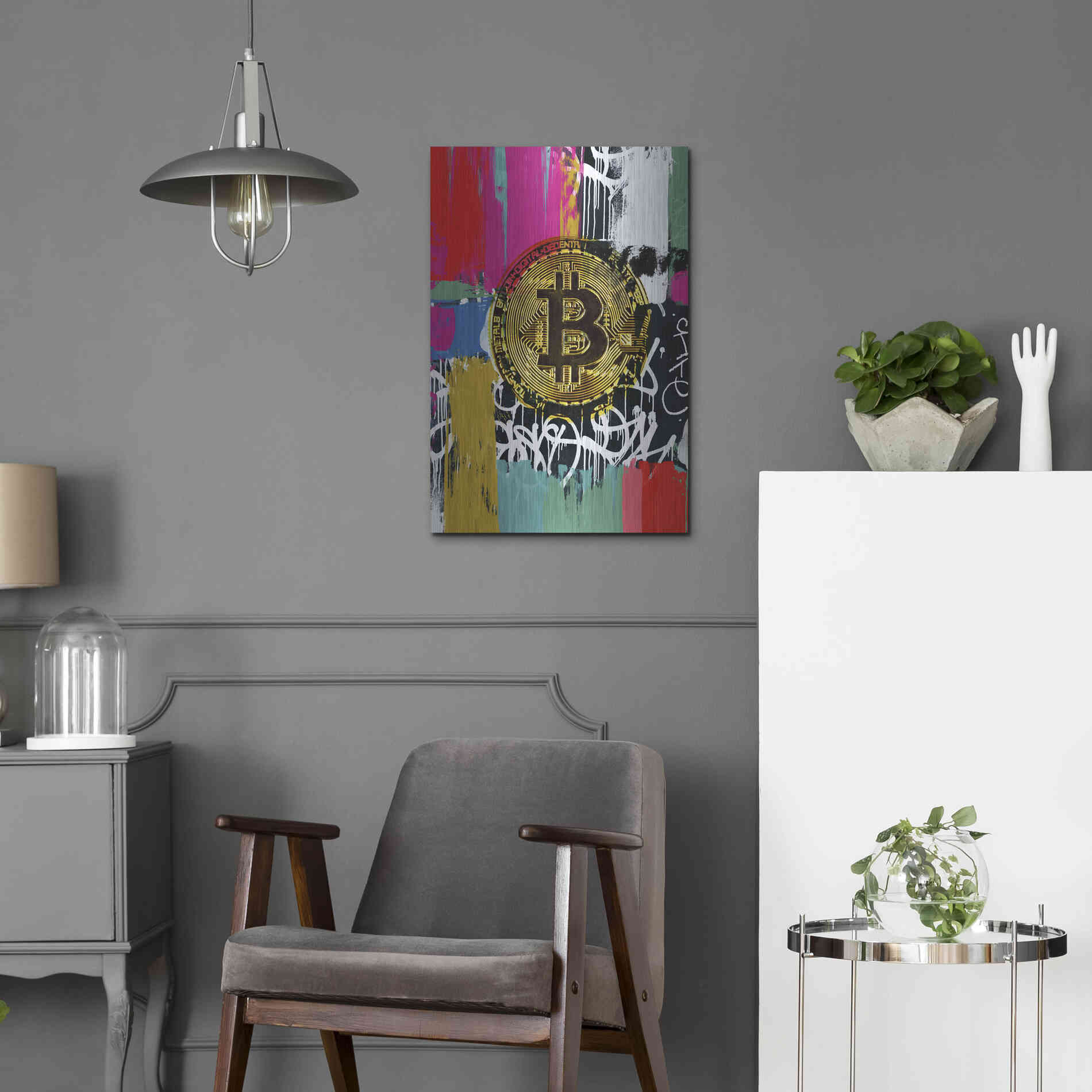 Luxe Metal Art 'Cryptocurrency Bitcoin Graffiti 2-1' by Irena Orlov, Metal Wall Art,16x24