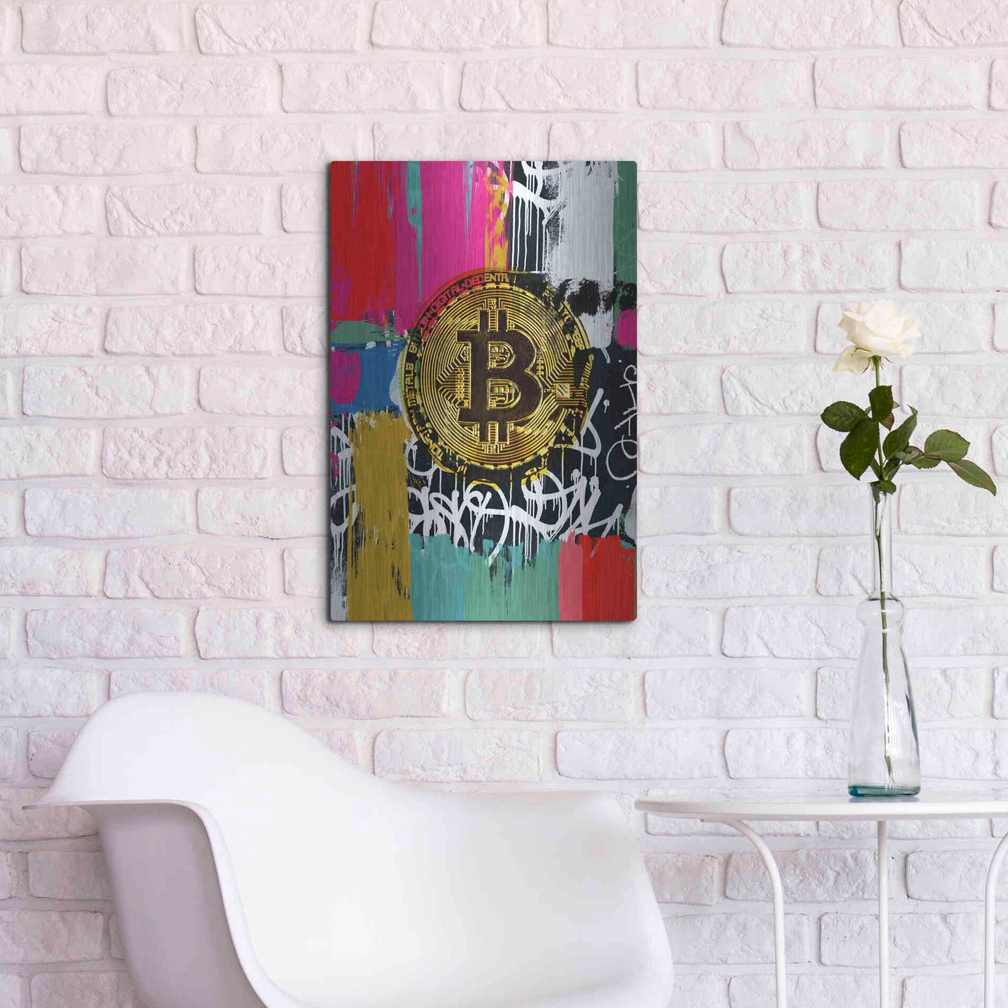 Luxe Metal Art 'Cryptocurrency Bitcoin Graffiti 2-1' by Irena Orlov, Metal Wall Art,16x24