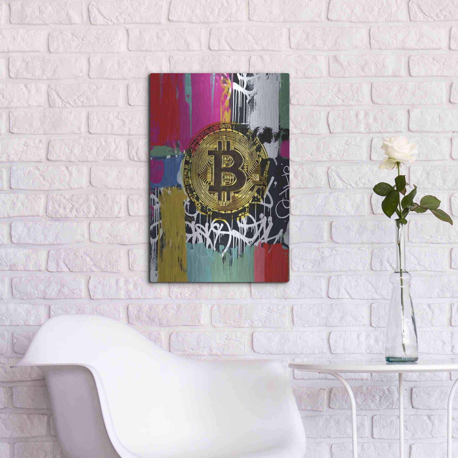 Luxe Metal Art 'Cryptocurrency Bitcoin Graffiti 2-1' by Irena Orlov, Metal Wall Art,16x24